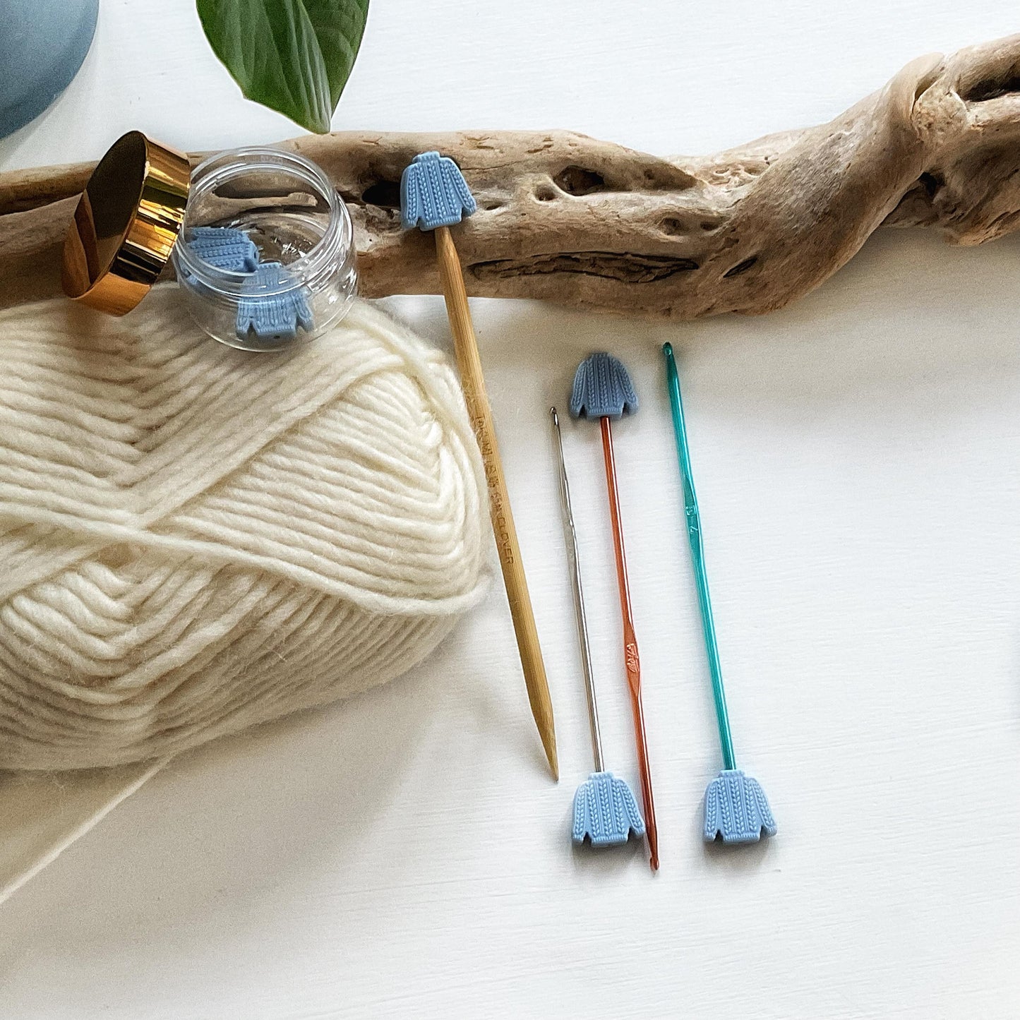 CABLE KNIT SWEATER set of 2 stitch stoppers celebrate Sweater Weather keep your stitches safe, knitting needle point protectors Blue + Cream
