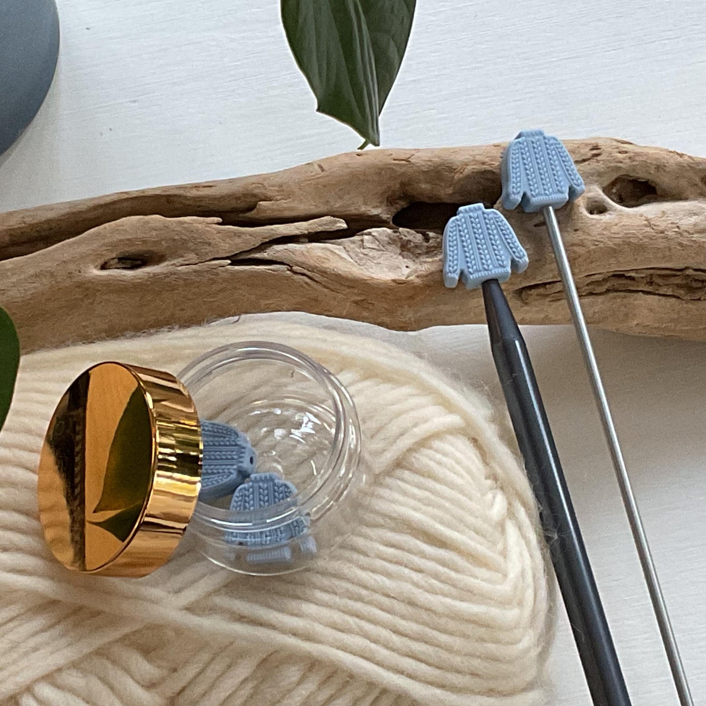 CABLE KNIT SWEATER set of 2 stitch stoppers celebrate Sweater Weather keep your stitches safe, knitting needle point protectors Blue + Cream