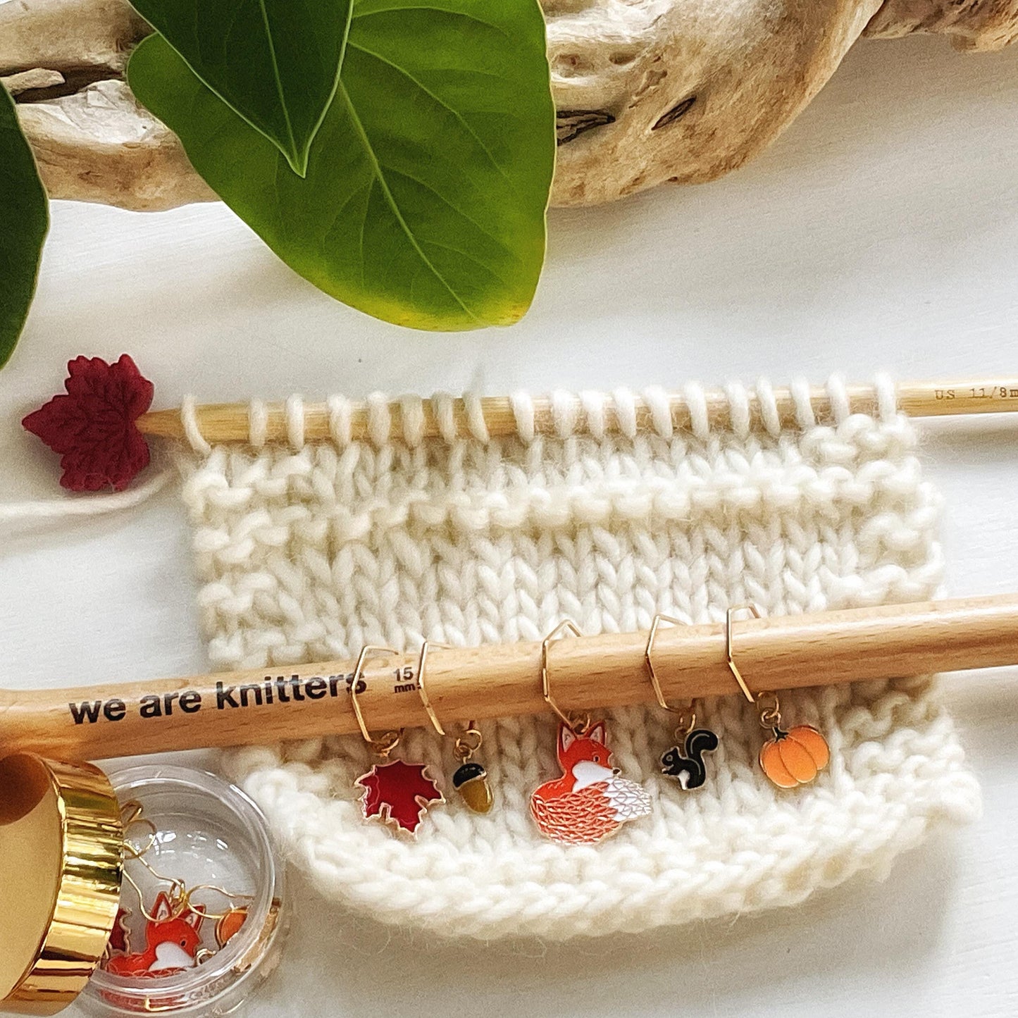 AUTUMN in the FOREST set of 5 metal + enamel knit or crochet stitch markers: leaf, acorn, fox, squirrel, & pumpkin + storage jar w/ lid