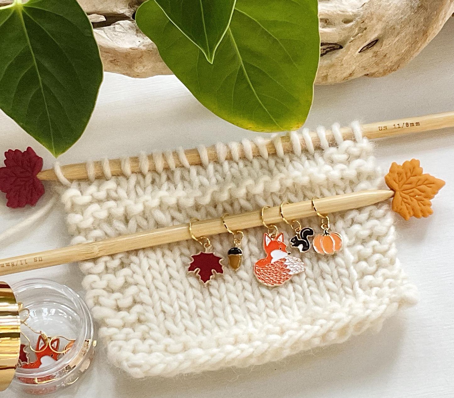 AUTUMN in the FOREST set of 5 metal + enamel knit or crochet stitch markers: leaf, acorn, fox, squirrel, & pumpkin + storage jar w/ lid