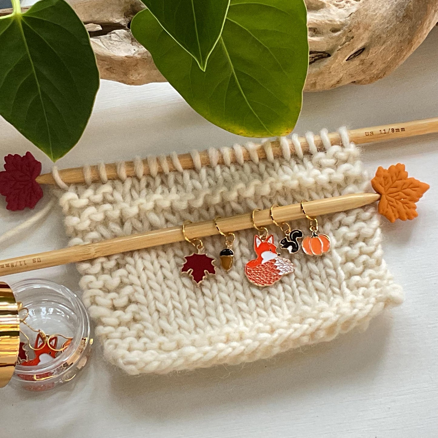 AUTUMN in the FOREST set of 5 metal + enamel knit or crochet stitch markers: leaf, acorn, fox, squirrel, & pumpkin + storage jar w/ lid