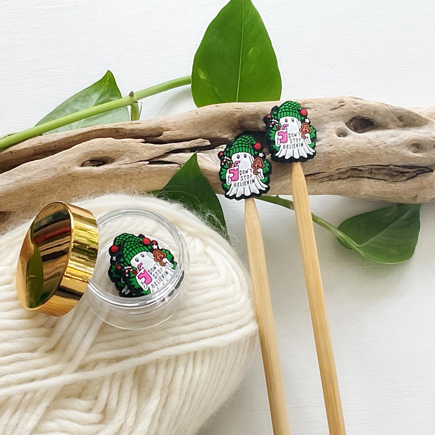 Festive GHOST set of 2 stitch stoppers, celebrate WINTER + keep your stitches safe, knitting needle point protectors