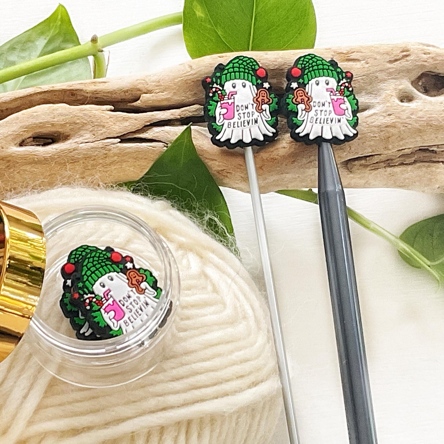 Festive GHOST set of 2 stitch stoppers, celebrate WINTER + keep your stitches safe, knitting needle point protectors