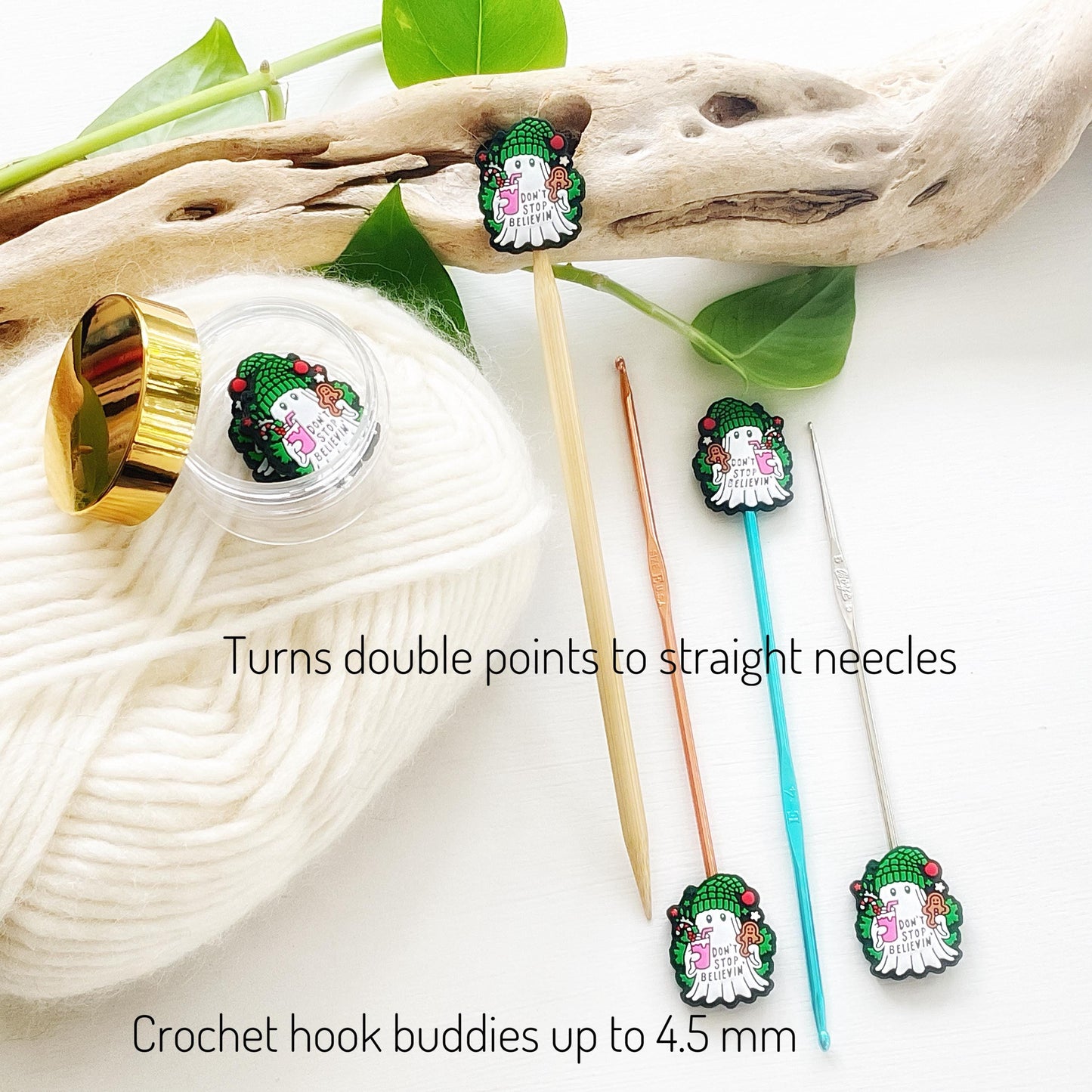Festive GHOST set of 2 stitch stoppers, celebrate WINTER + keep your stitches safe, knitting needle point protectors