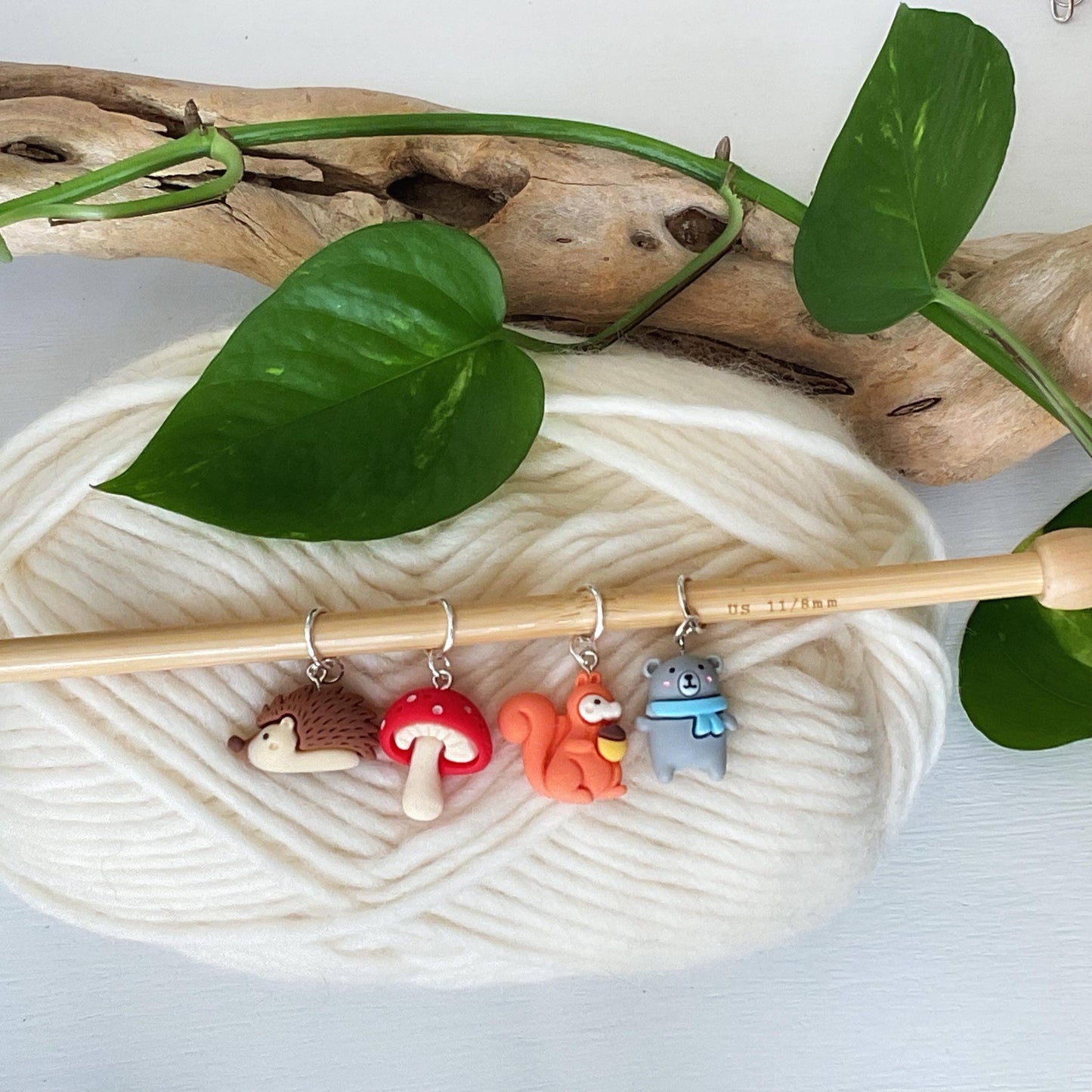 Hedgehogs and Squirrels and Bears, oh my! And Mushrooms stitch markers for knit or crochet + storage jar w/ lid