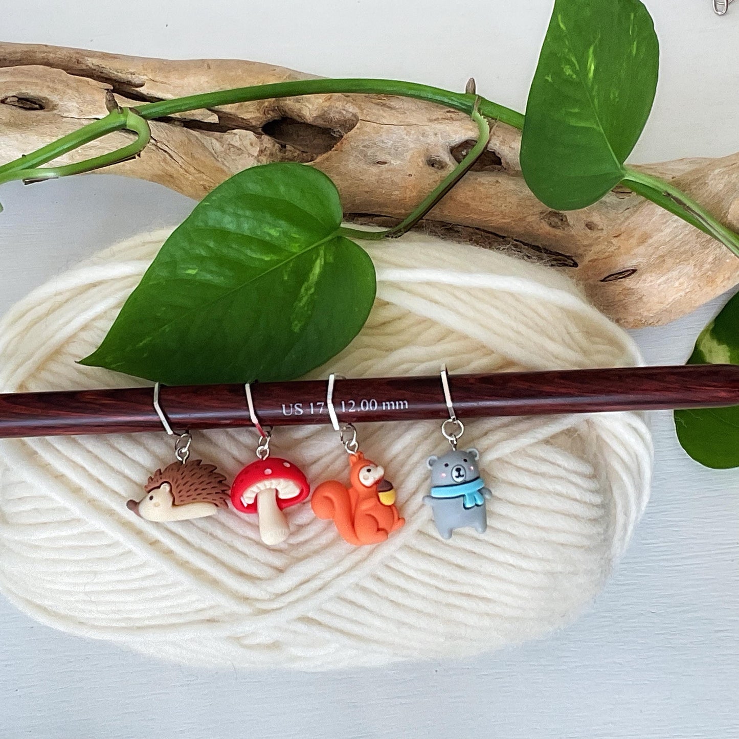 Hedgehogs and Squirrels and Bears, oh my! And Mushrooms stitch markers for knit or crochet + storage jar w/ lid