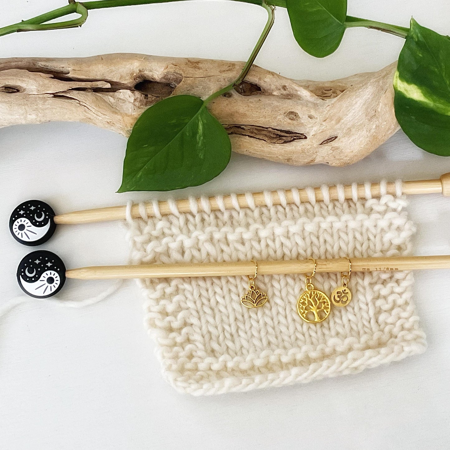 PEACE + TRANQUILITY set of 3 knit or crochet stitch markers Lotus, Tree of Life + Om set of 3 golden markers + storage jar w/ lid