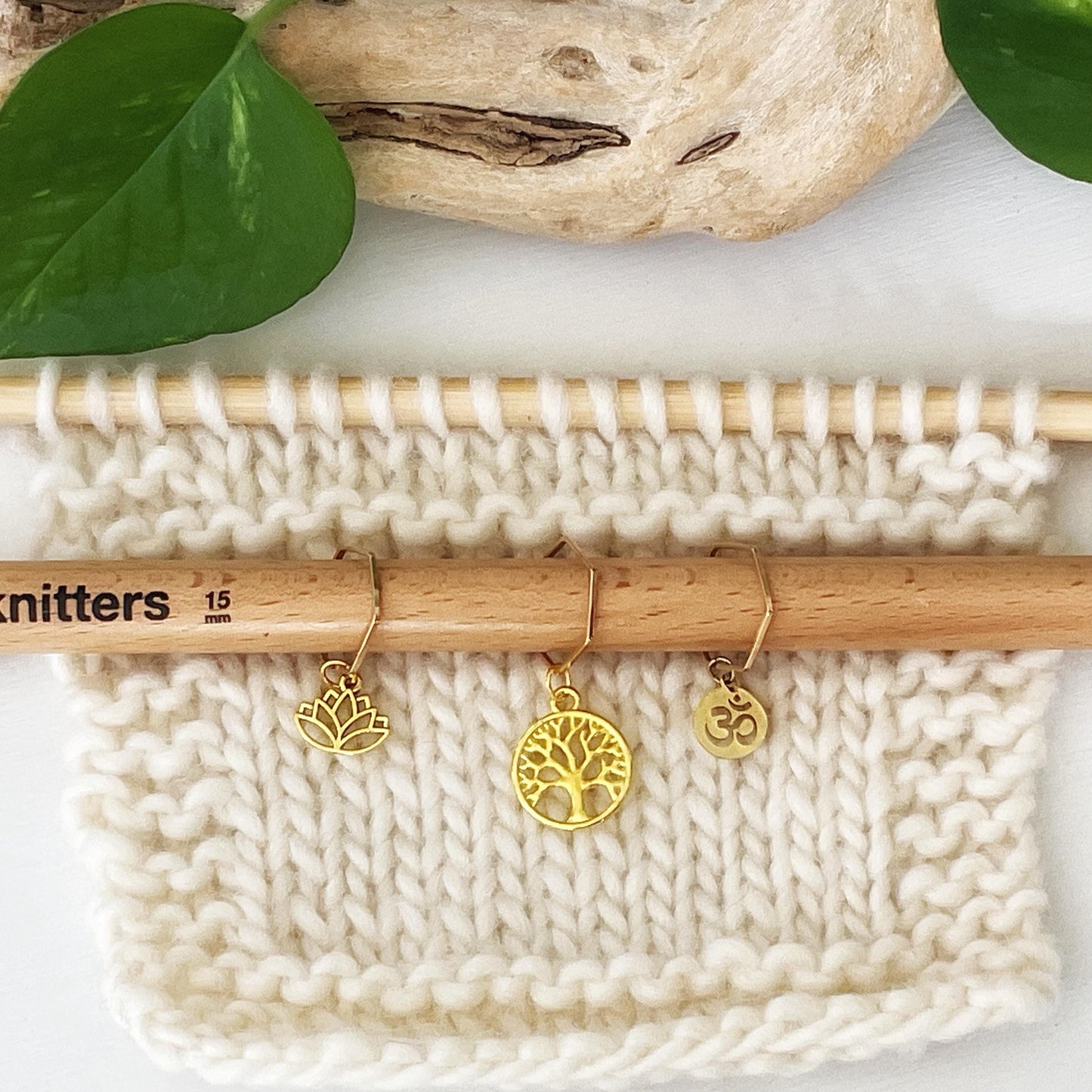 PEACE + TRANQUILITY set of 3 knit or crochet stitch markers Lotus, Tree of Life + Om set of 3 golden markers + storage jar w/ lid