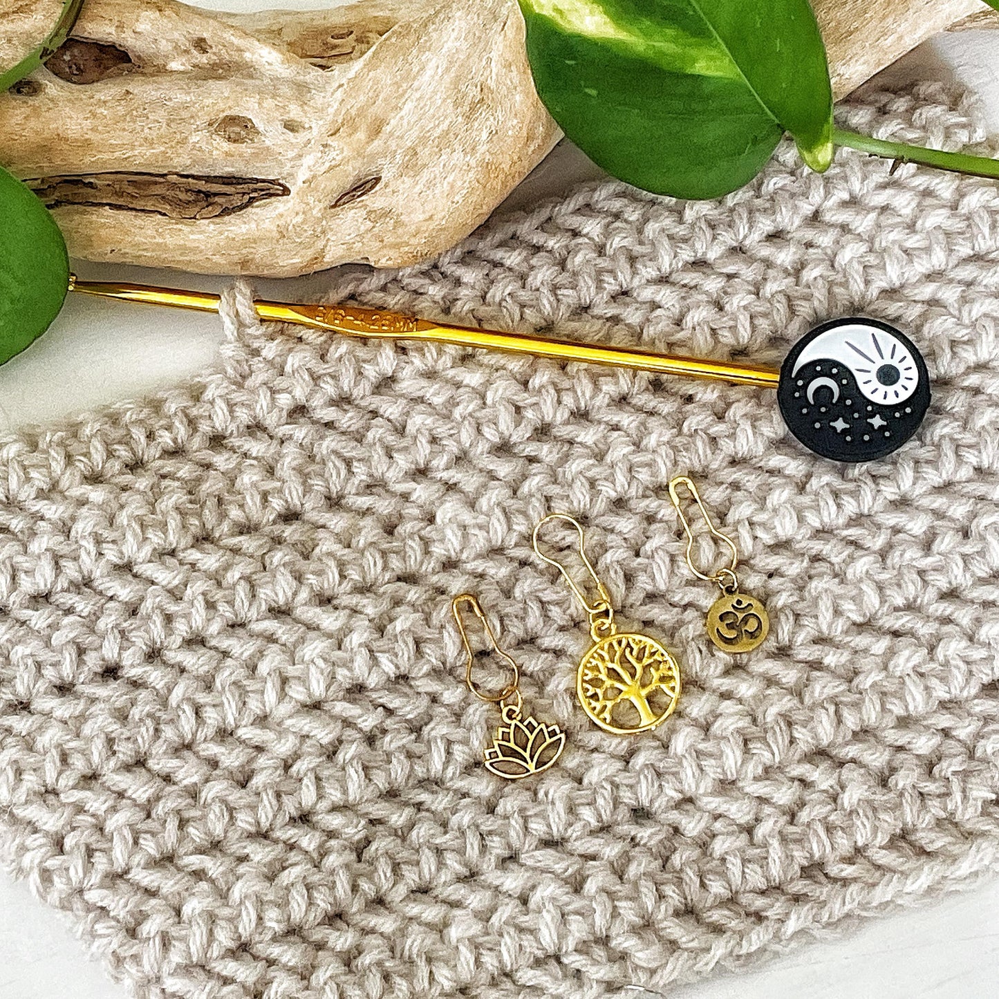PEACE + TRANQUILITY set of 3 knit or crochet stitch markers Lotus, Tree of Life + Om set of 3 golden markers + storage jar w/ lid