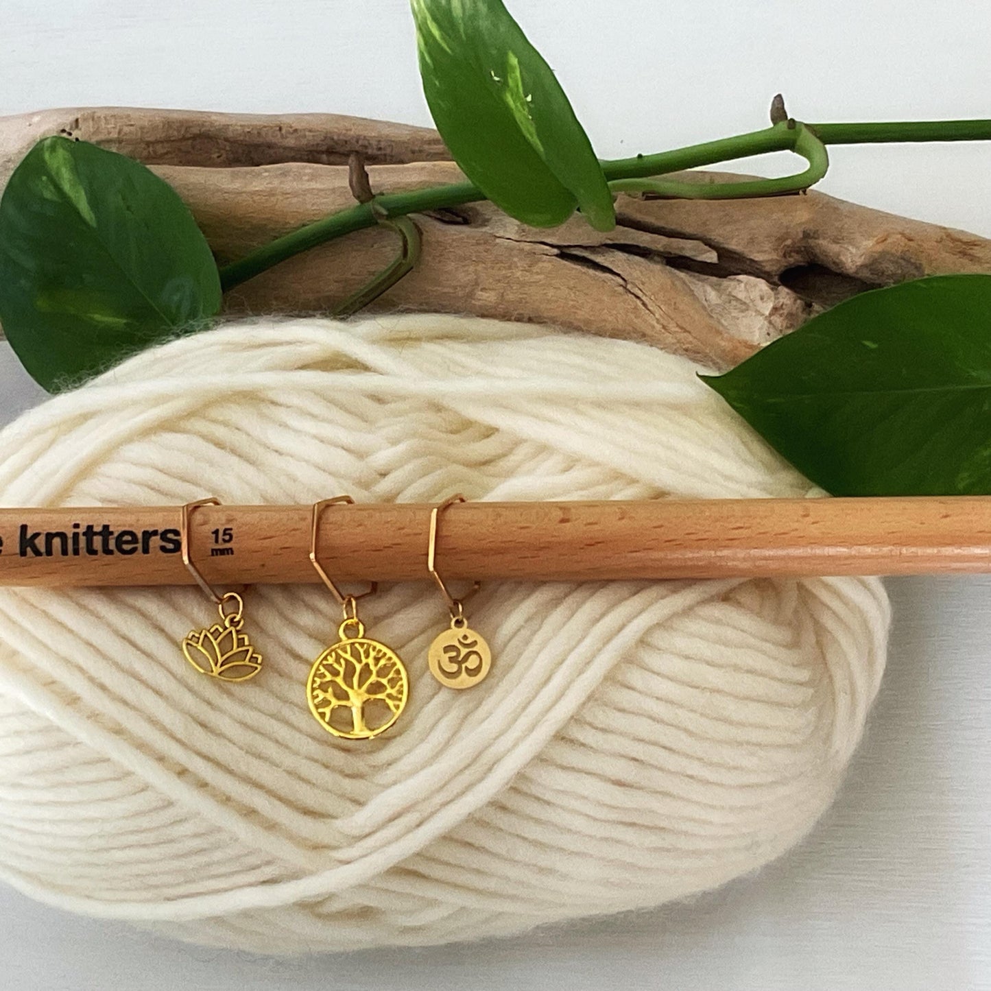 PEACE + TRANQUILITY set of 3 knit or crochet stitch markers Lotus, Tree of Life + Om set of 3 golden markers + storage jar w/ lid