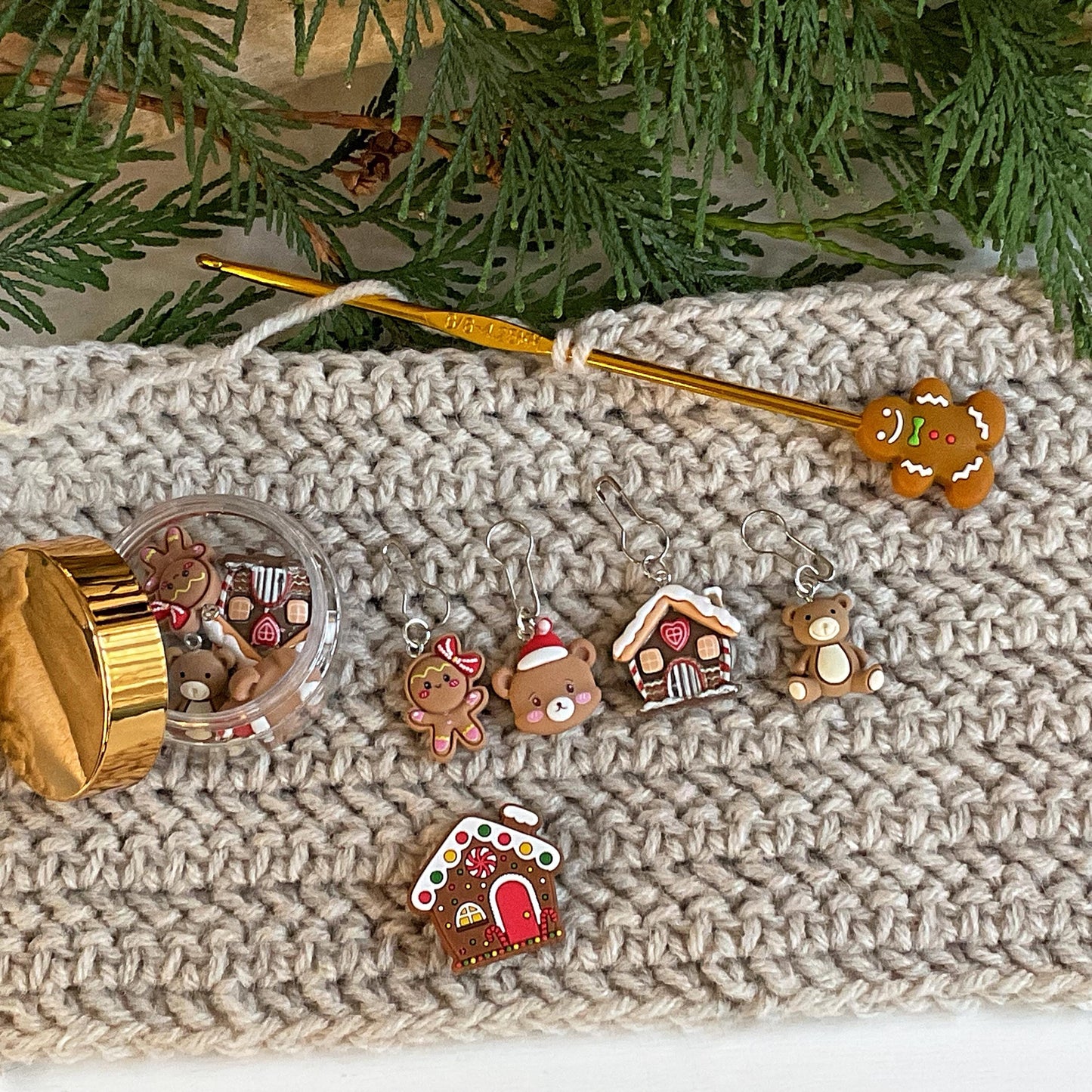 GINGERBREAD + BEARS CHRISTMAS Set of knit + crochet stitch markers + storage jar gingerbread house, girl, Santa bear + teddy stitch markers
