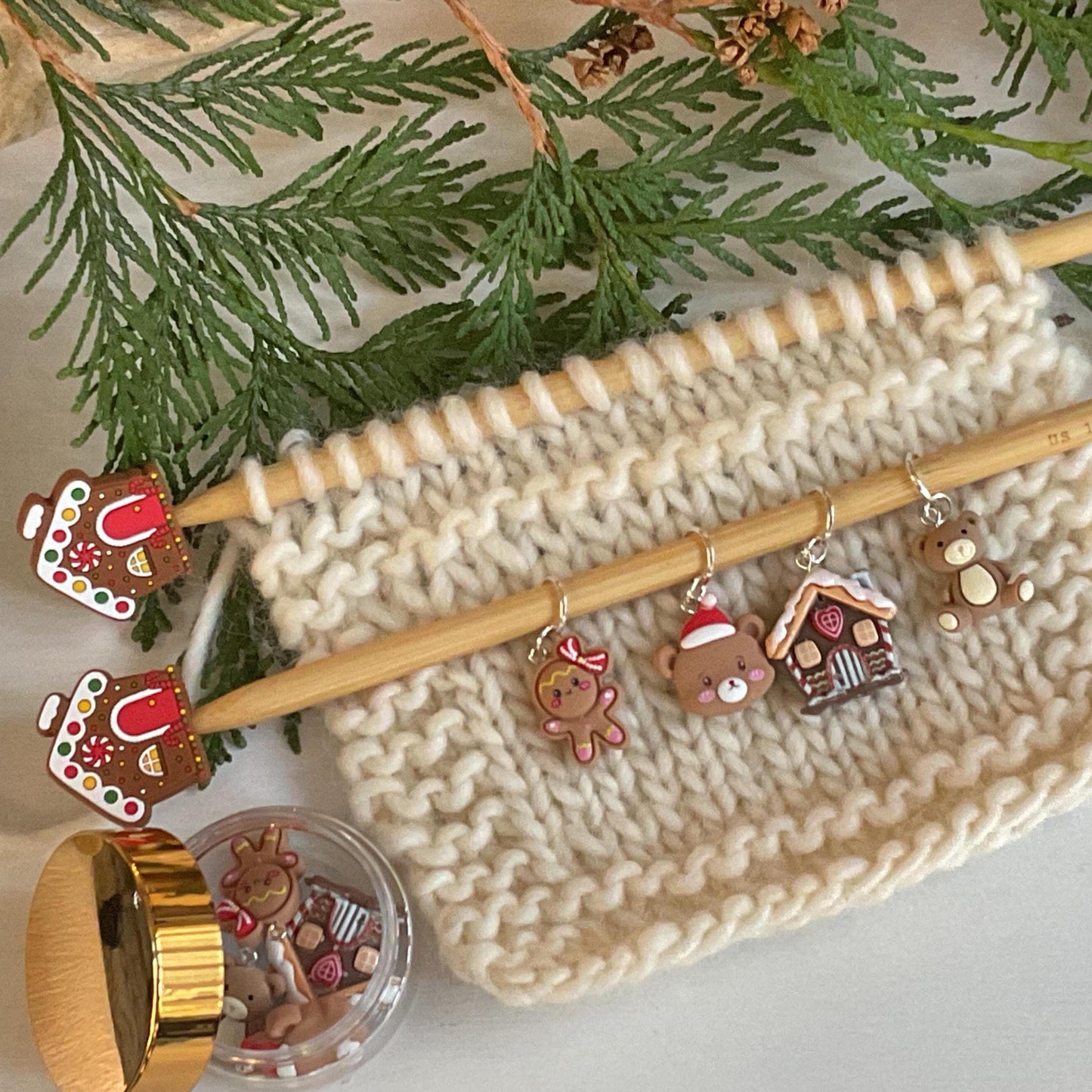 GINGERBREAD + BEARS CHRISTMAS Set of knit + crochet stitch markers + storage jar gingerbread house, girl, Santa bear + teddy stitch markers