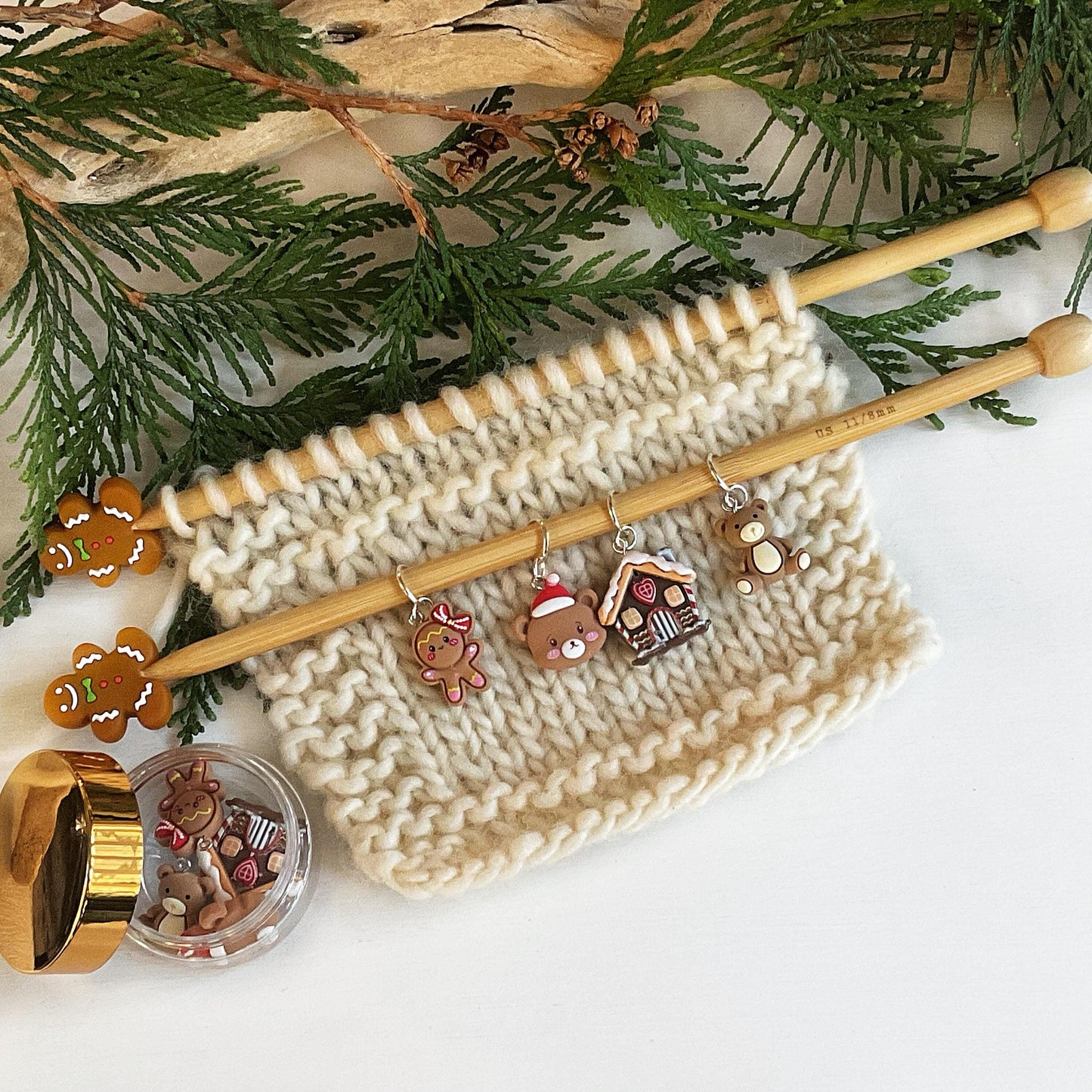 GINGERBREAD + BEARS CHRISTMAS Set of knit + crochet stitch markers + storage jar gingerbread house, girl, Santa bear + teddy stitch markers