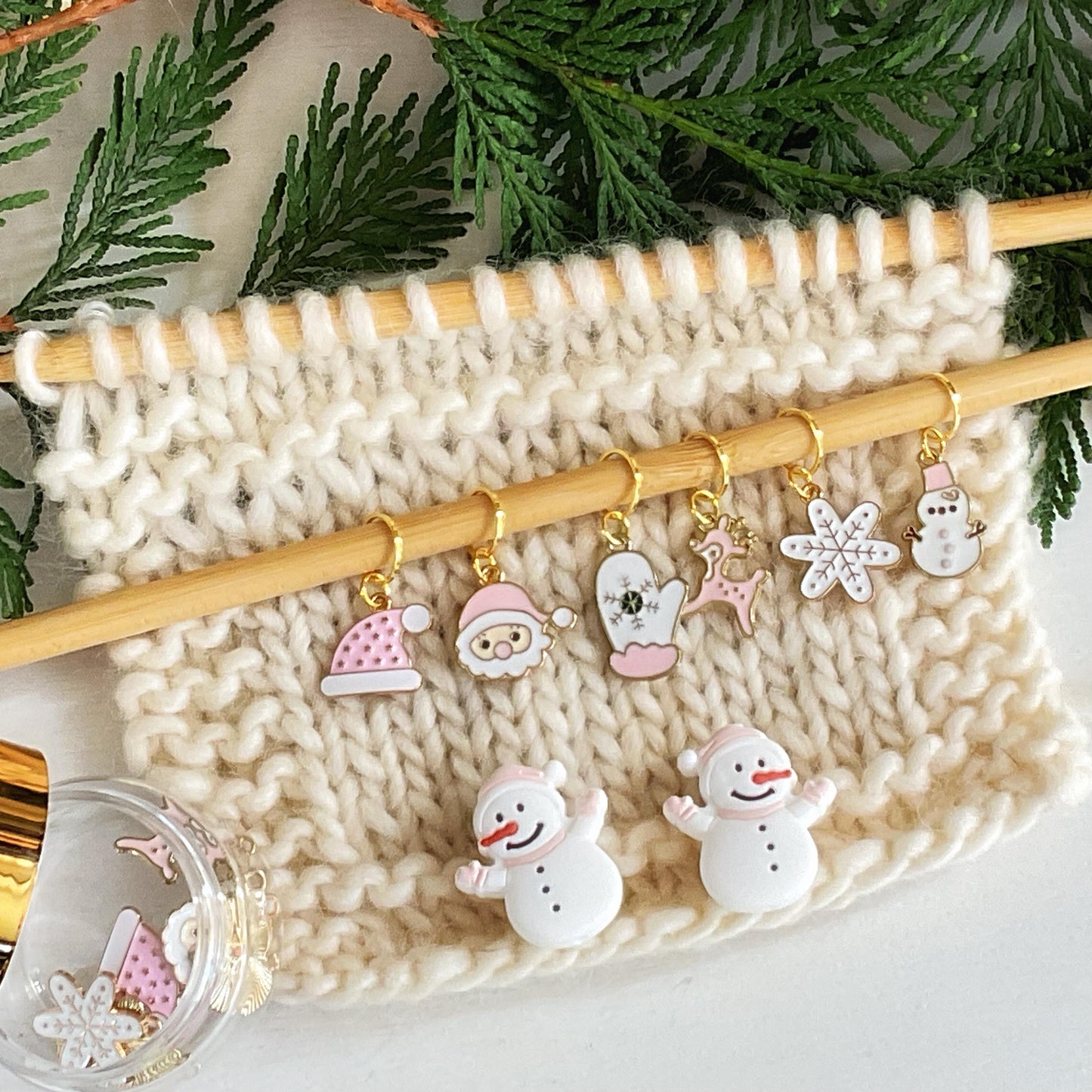MODERN CHRISTMAS set of 6 Pink & White knit or crochet stitch markers + storage jar w/ lid- Limited Edition #2