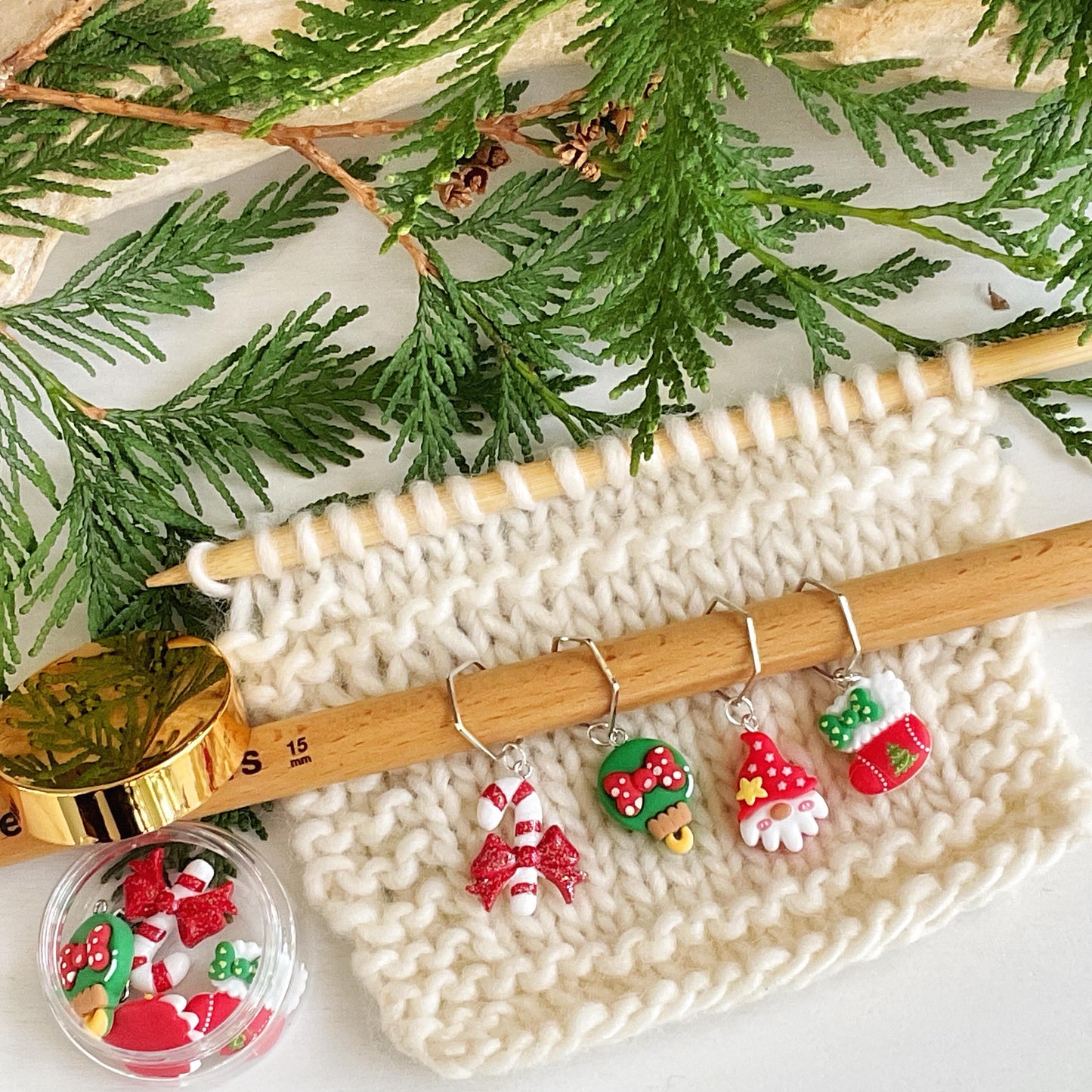 CHRISTMAS GNOME Set of 4 knit + crochet stitch markers + storage jar with candy cane, Santa gnome, ornament + stocking, choose you findings