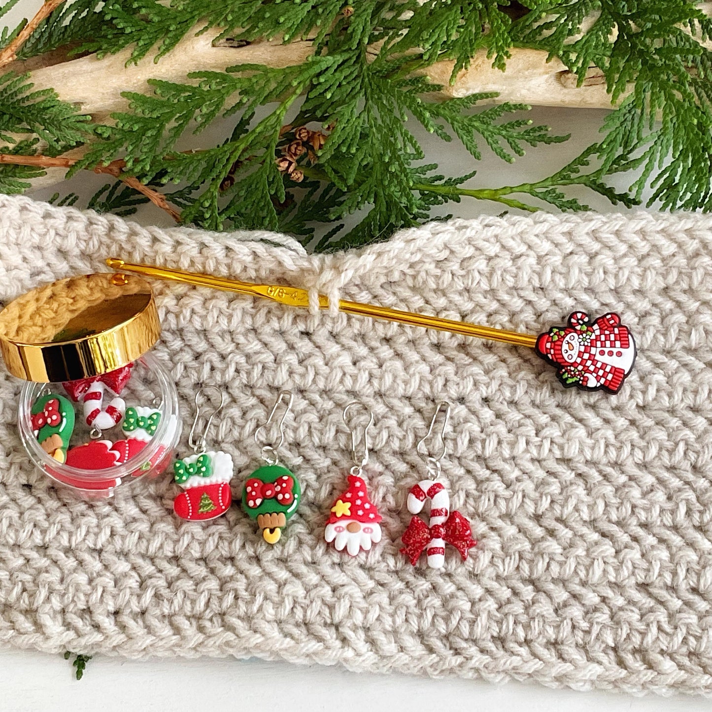 CHRISTMAS GNOME Set of 4 knit + crochet stitch markers + storage jar with candy cane, Santa gnome, ornament + stocking, choose you findings