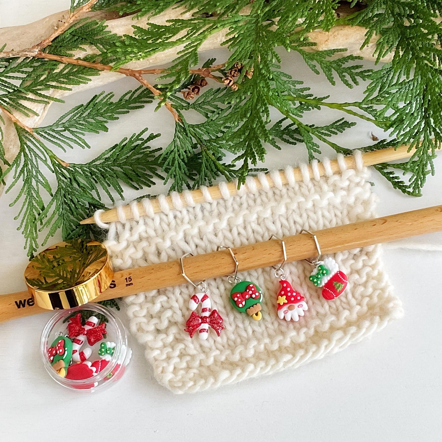 CHRISTMAS GNOME Set of 4 knit + crochet stitch markers + storage jar with candy cane, Santa gnome, ornament + stocking, choose you findings