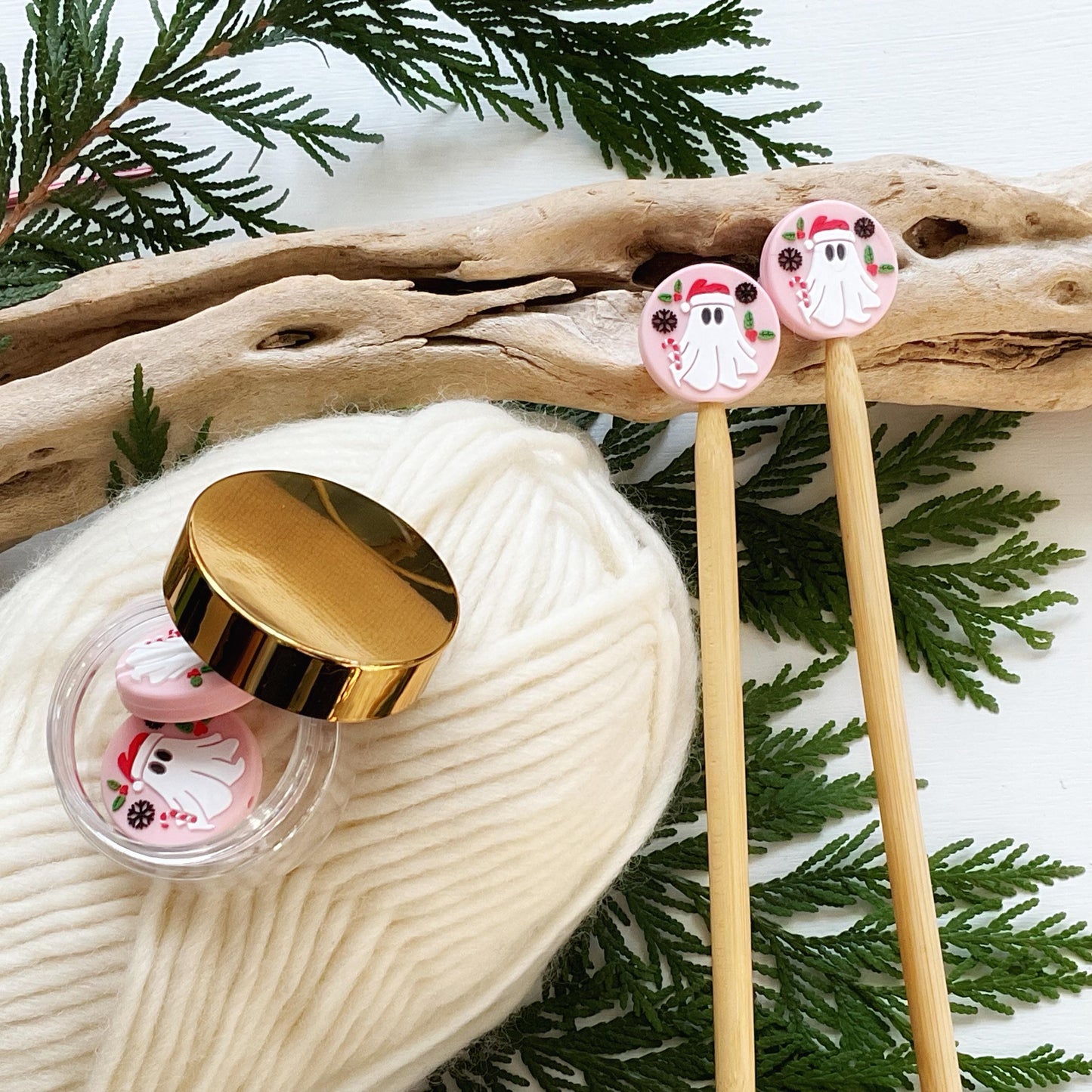 GHOST of CHRISTMAS PRESENT knitting needle point protectors + crochet hook buddy Set of 2 festive winter holiday stitch stoppers, pink Xmas