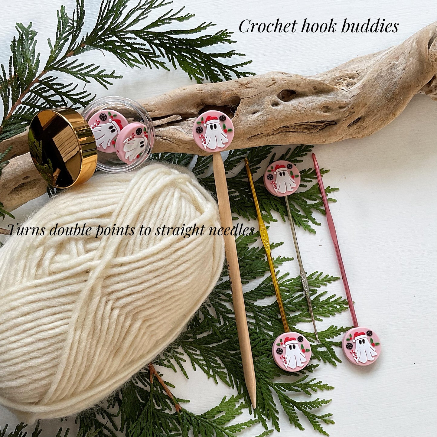 GHOST of CHRISTMAS PRESENT knitting needle point protectors + crochet hook buddy Set of 2 festive winter holiday stitch stoppers, pink Xmas