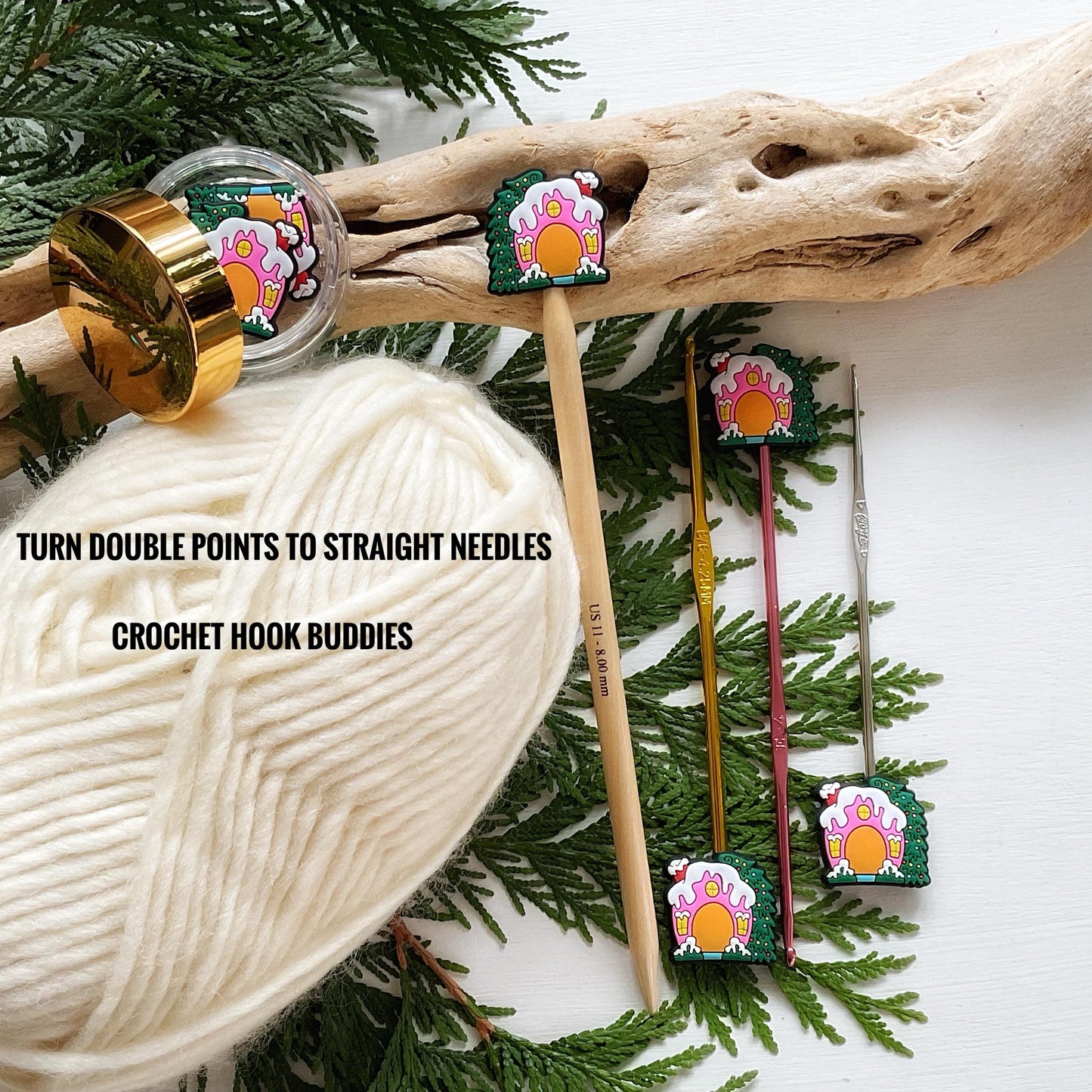 CHRISTMAS WHO HOUSE knitting needle + crochet hook buddy, Set of 2 festive, winter holiday stitch stoppers, knitting needle point protectors
