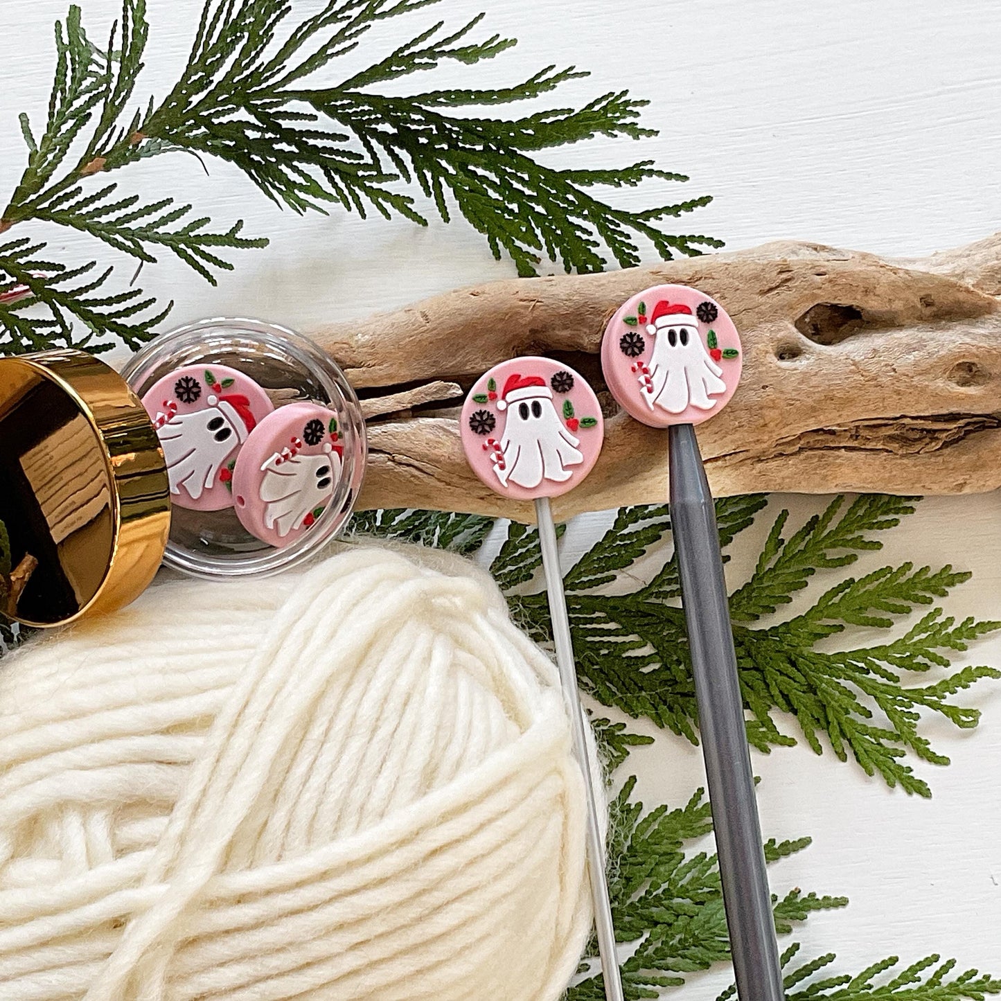 GHOST of CHRISTMAS PRESENT knitting needle point protectors + crochet hook buddy Set of 2 festive winter holiday stitch stoppers, pink Xmas