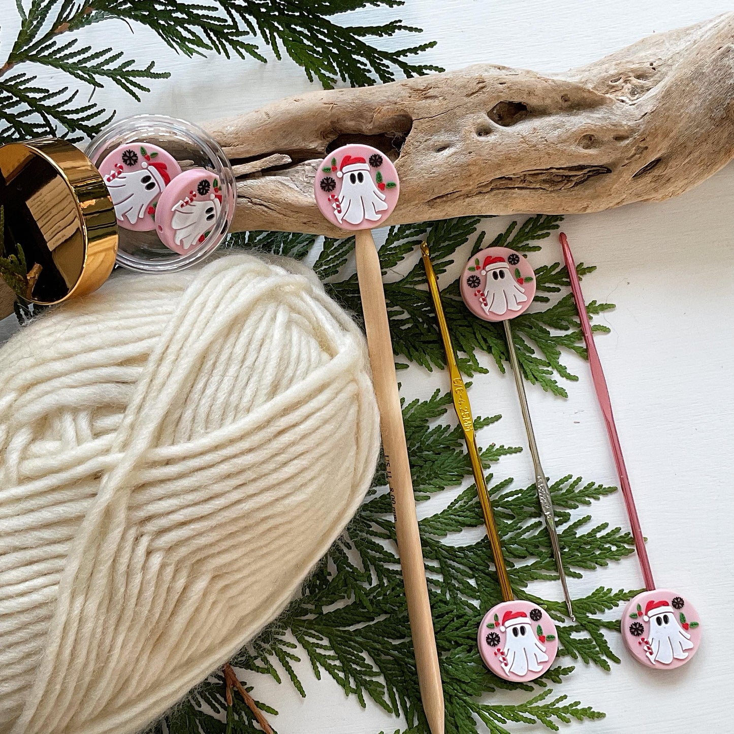 GHOST of CHRISTMAS PRESENT knitting needle point protectors + crochet hook buddy Set of 2 festive winter holiday stitch stoppers, pink Xmas