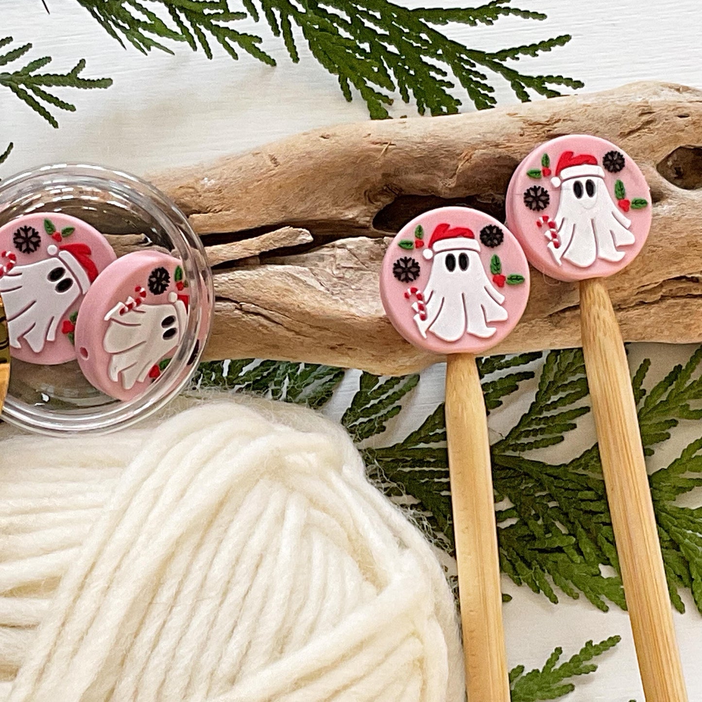 GHOST of CHRISTMAS PRESENT knitting needle point protectors + crochet hook buddy Set of 2 festive winter holiday stitch stoppers, pink Xmas