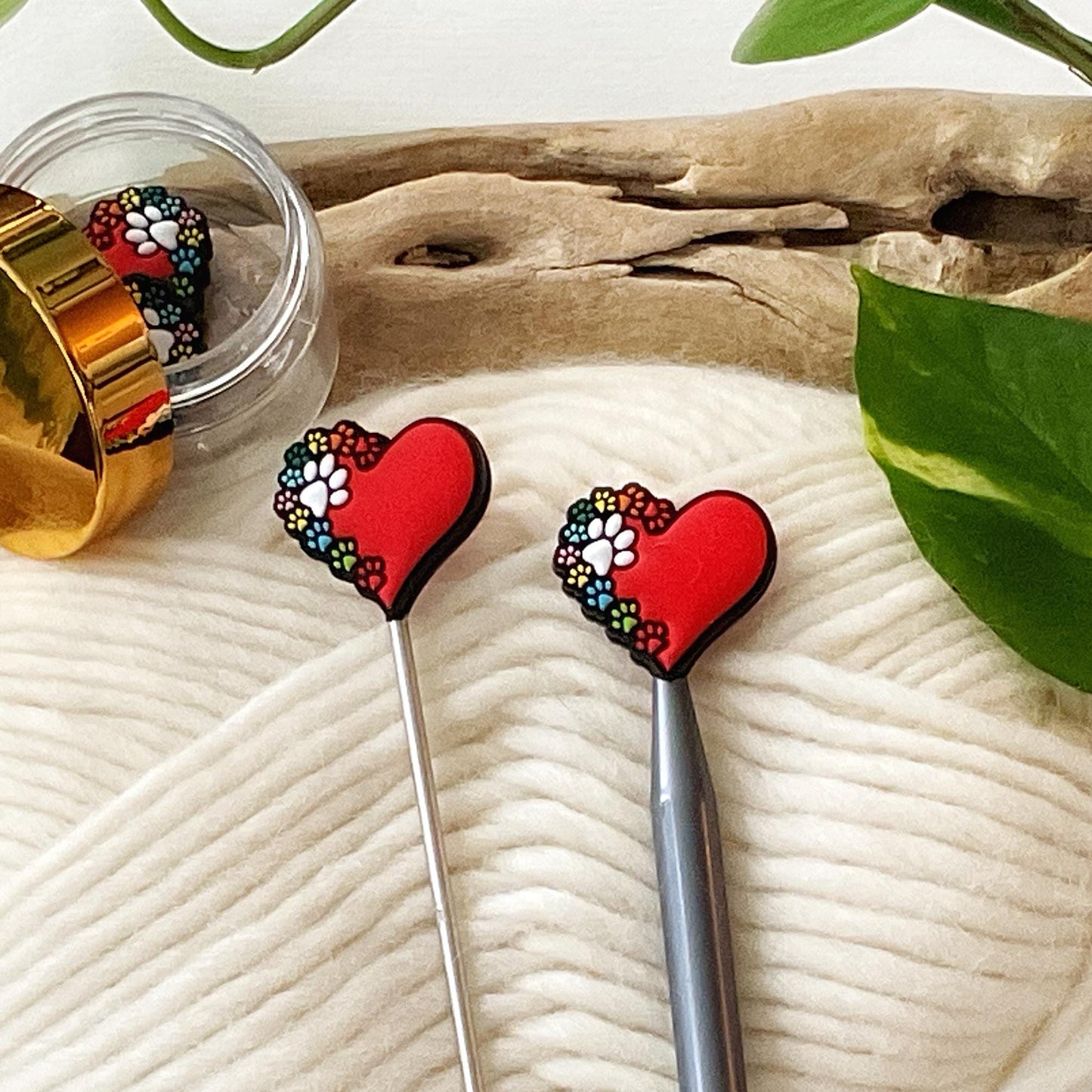 PAW PRINTS across my HEART, knitting needle point protectors for dog + cat lovers, crochet hook buddies, show love for your pets
