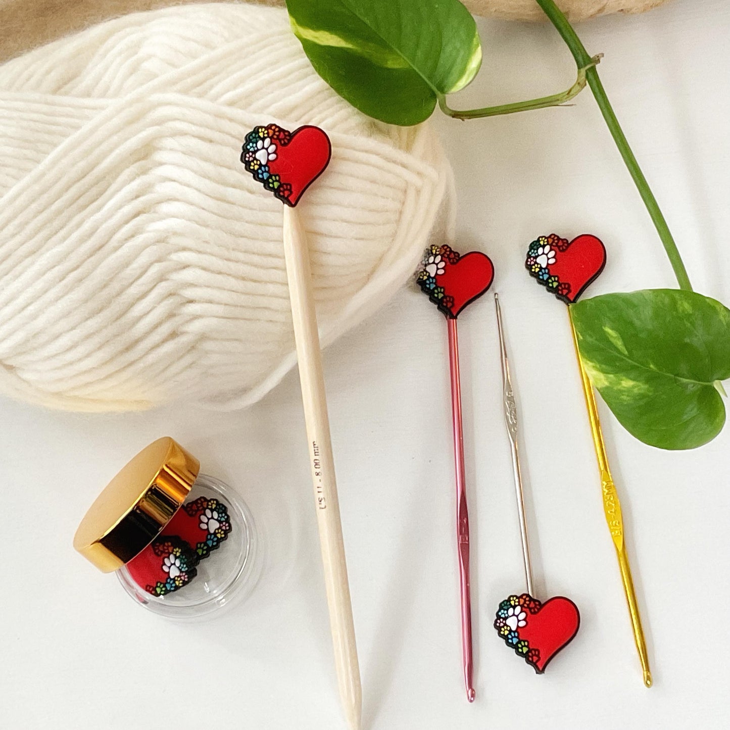 PAW PRINTS across my HEART, knitting needle point protectors for dog + cat lovers, crochet hook buddies, show love for your pets
