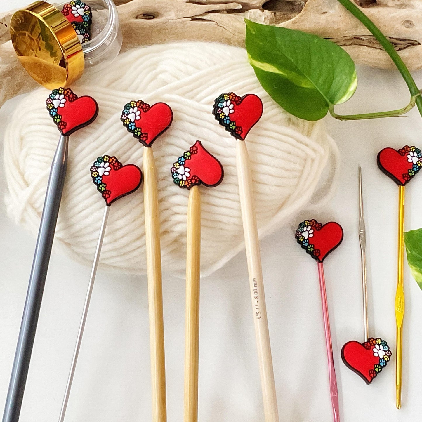 PAW PRINTS across my HEART, knitting needle point protectors for dog + cat lovers, crochet hook buddies, show love for your pets