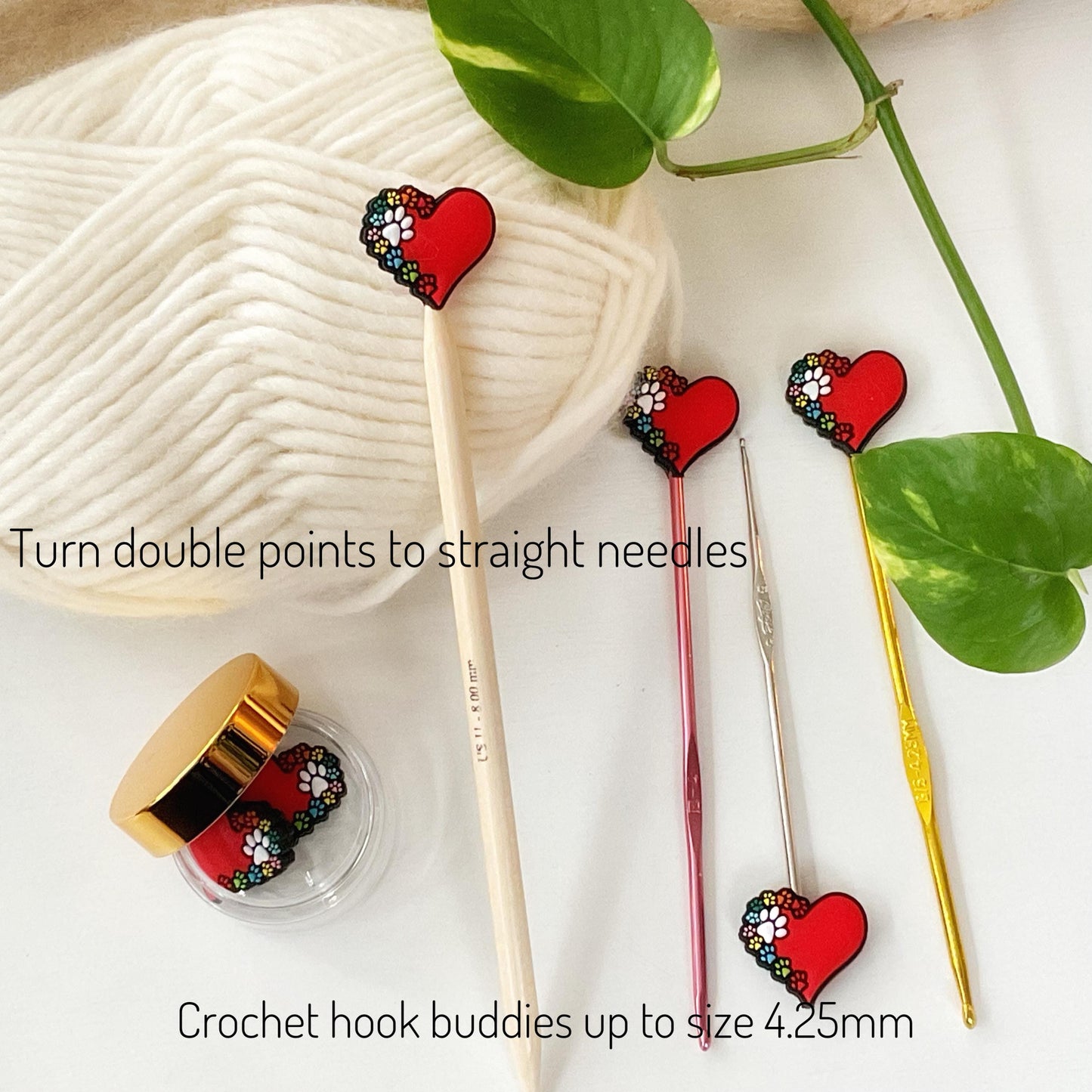 PAW PRINTS across my HEART, knitting needle point protectors for dog + cat lovers, crochet hook buddies, show love for your pets