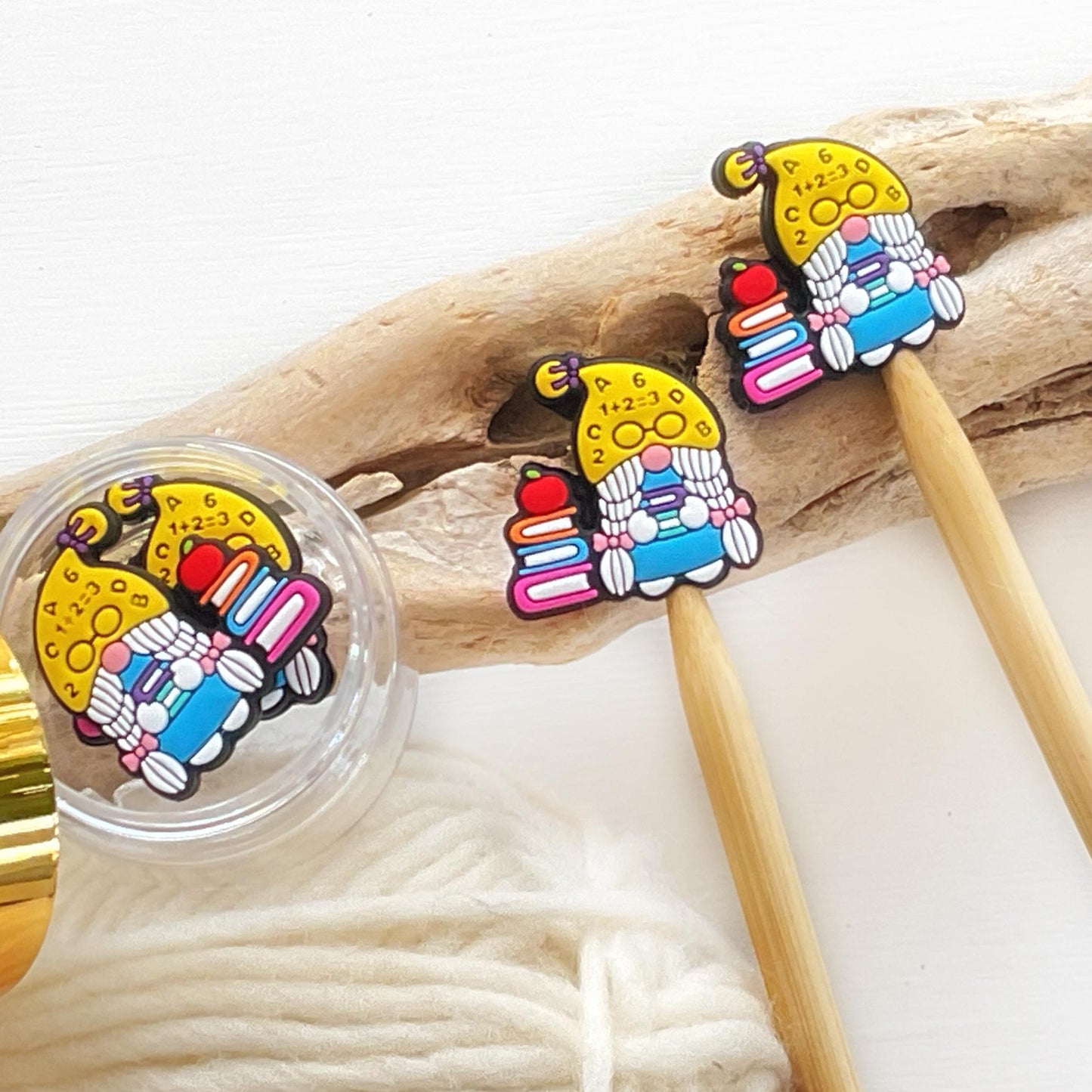 TEACHER + STUDENT GNOME set of 2 stitch stoppers Celebrate our superstar teachers + keep your stitches safe knitting needle point protectors