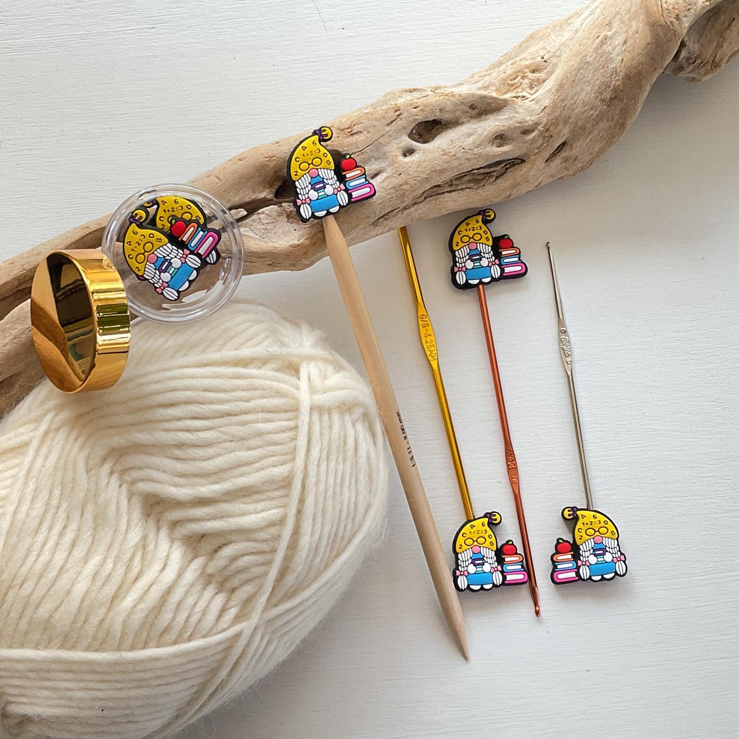 TEACHER + STUDENT GNOME set of 2 stitch stoppers Celebrate our superstar teachers + keep your stitches safe knitting needle point protectors