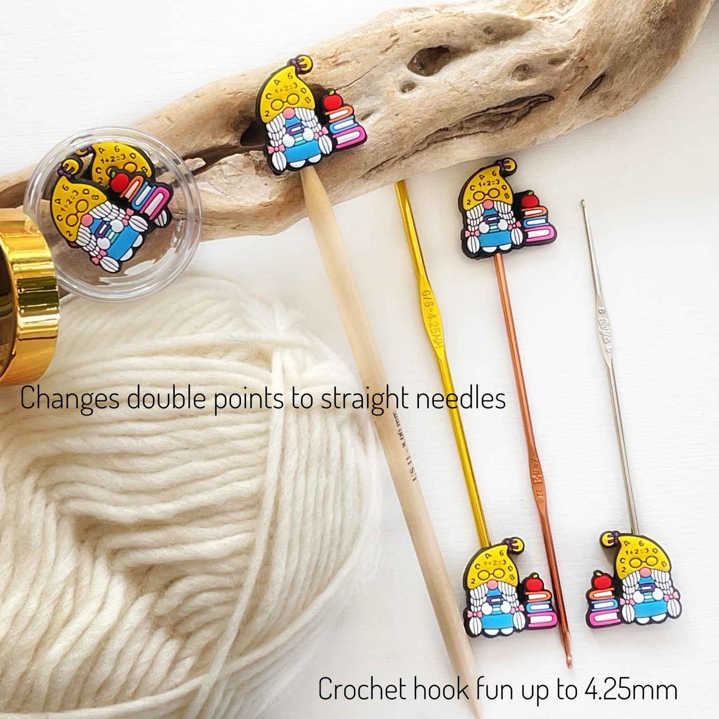 TEACHER + STUDENT GNOME set of 2 stitch stoppers Celebrate our superstar teachers + keep your stitches safe knitting needle point protectors