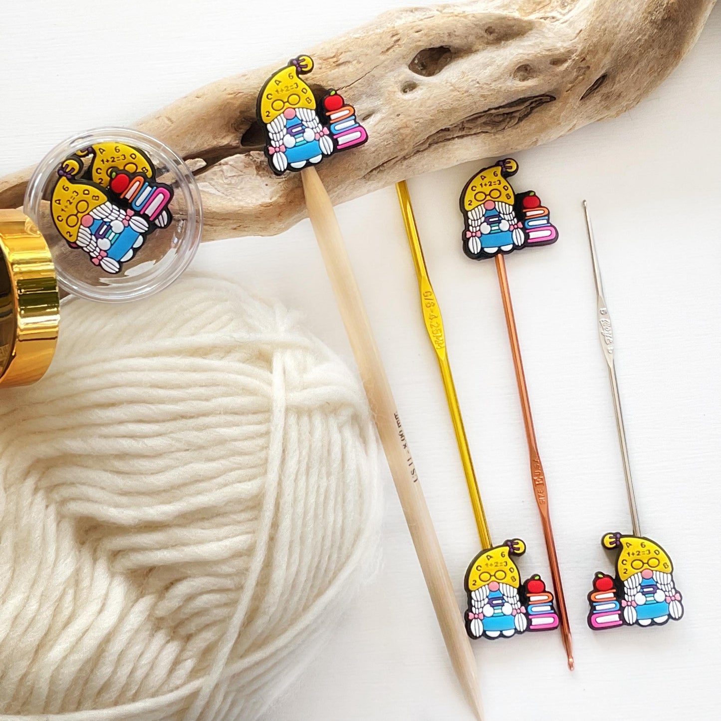 TEACHER + STUDENT GNOME set of 2 stitch stoppers Celebrate our superstar teachers + keep your stitches safe knitting needle point protectors