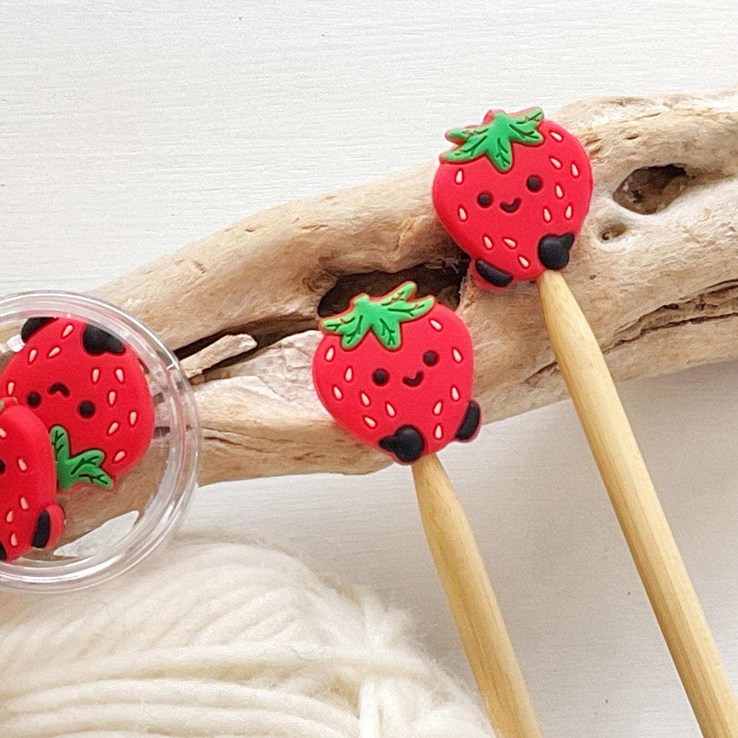 Adorable STRAWBERRIES with FEET! set of 2 stitch stoppers keep your stitches safe knitting needle point protectors
