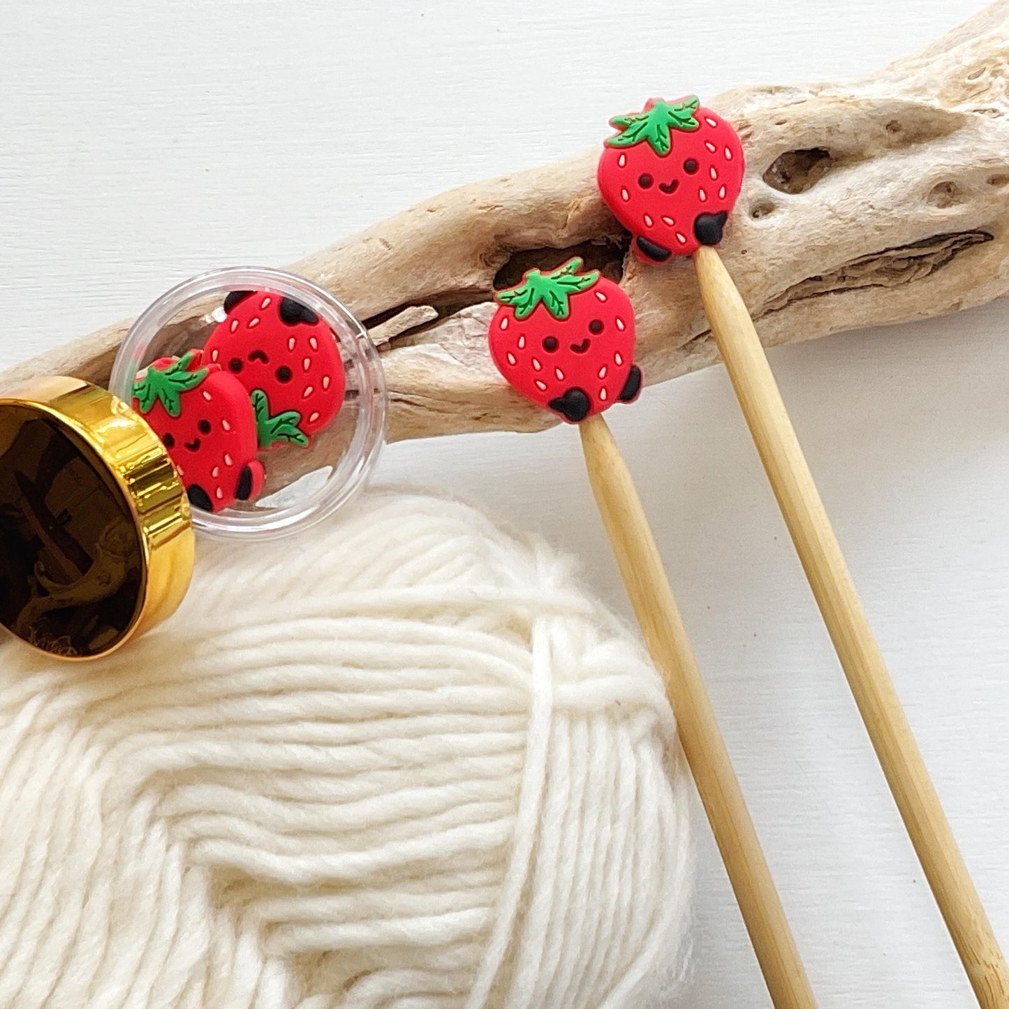 Adorable STRAWBERRIES with FEET! set of 2 stitch stoppers keep your stitches safe knitting needle point protectors