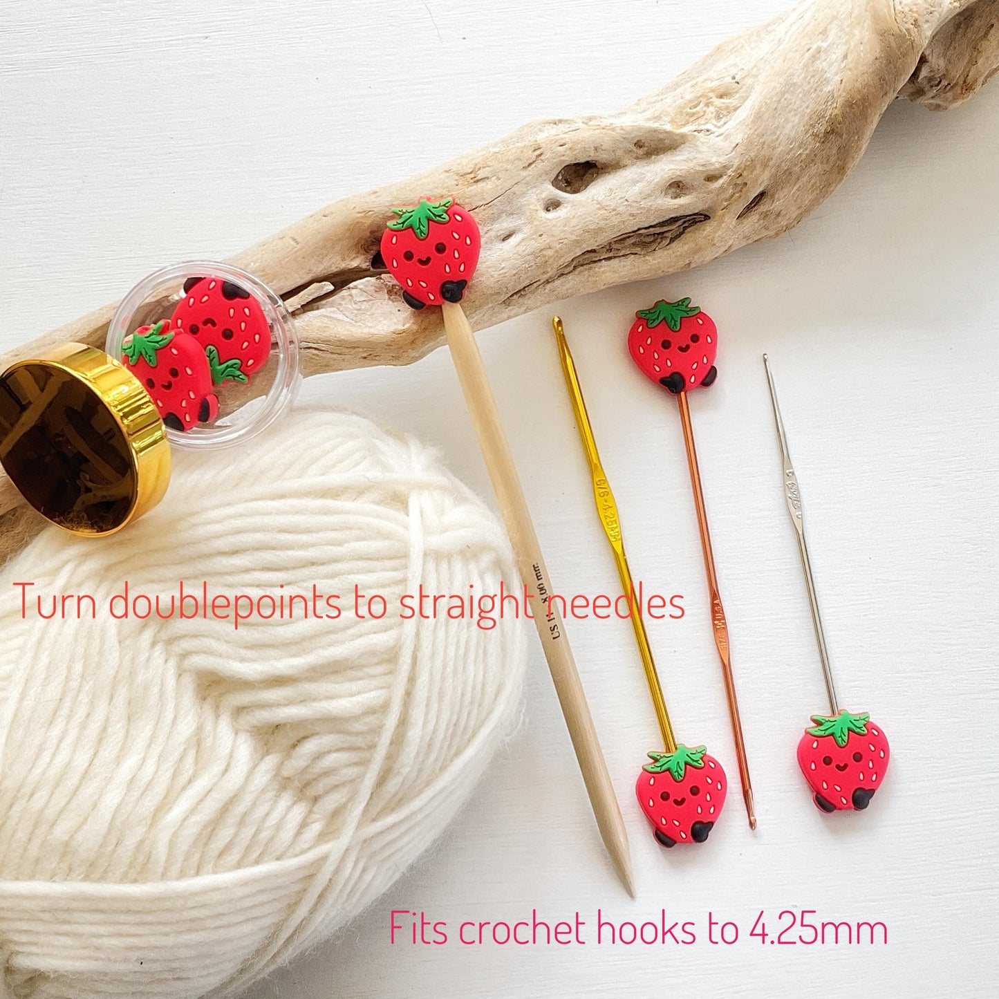 Adorable STRAWBERRIES with FEET! set of 2 stitch stoppers keep your stitches safe knitting needle point protectors