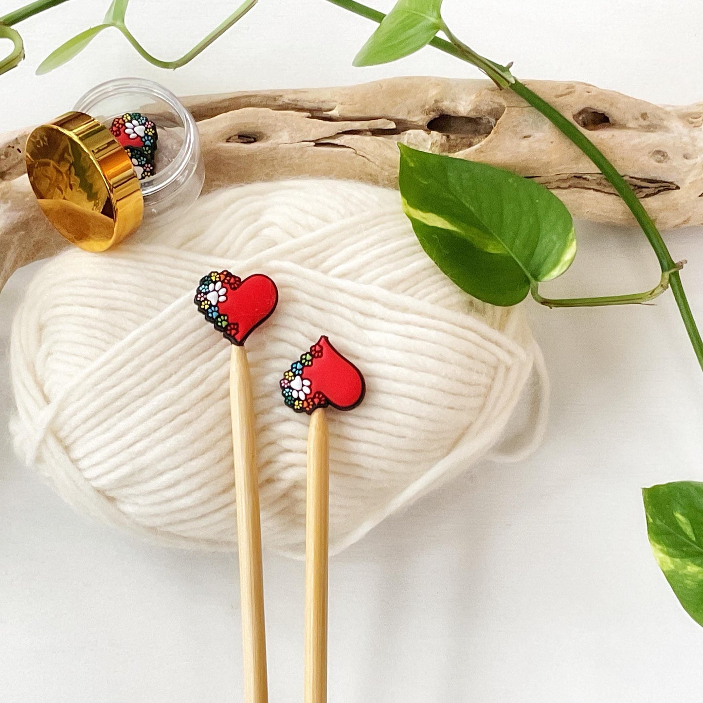 PAW PRINTS across my HEART, knitting needle point protectors for dog + cat lovers, crochet hook buddies, show love for your pets