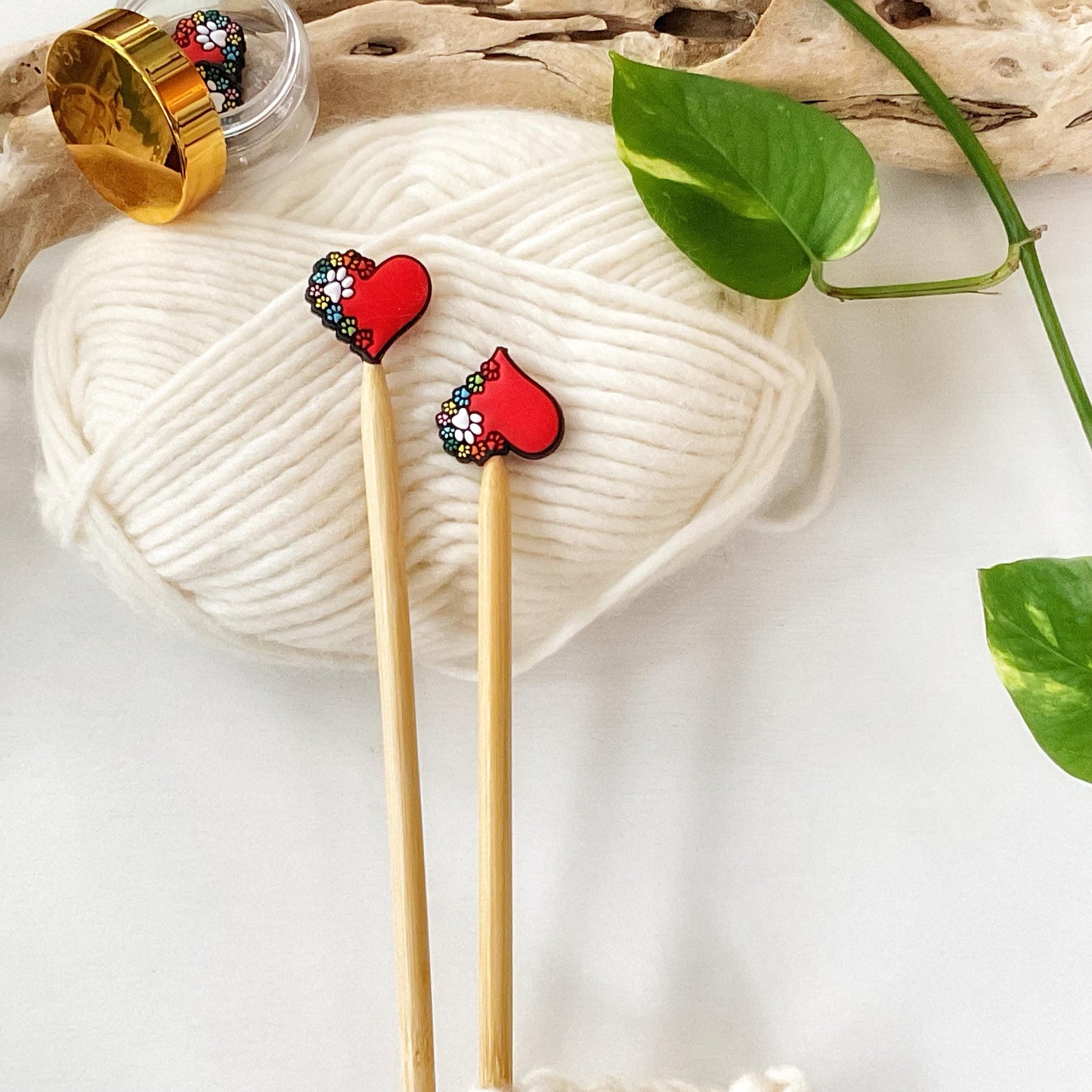PAW PRINTS across my HEART, knitting needle point protectors for dog + cat lovers, crochet hook buddies, show love for your pets