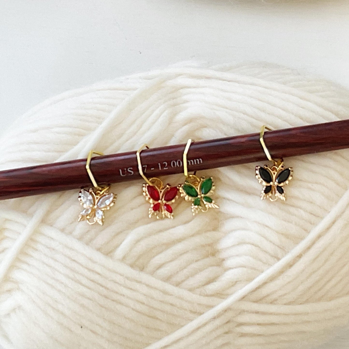 CRYSTAL BUTTERFLIES Stitch Markers, Colorful set of 4 knit or crochet progress keepers, storage jar w/ lid, DK to chunky knits and crochet