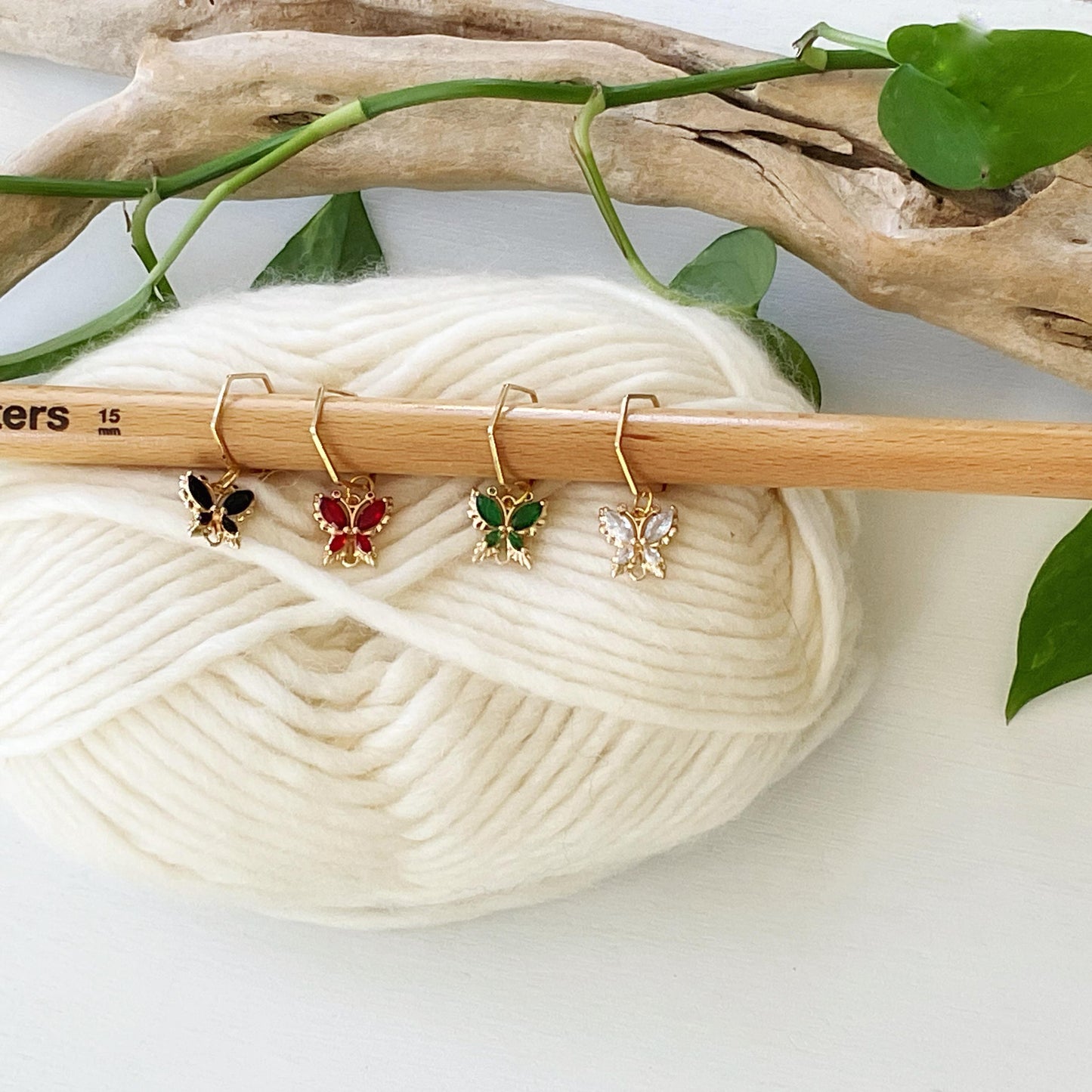 CRYSTAL BUTTERFLIES Stitch Markers, Colorful set of 4 knit or crochet progress keepers, storage jar w/ lid, DK to chunky knits and crochet