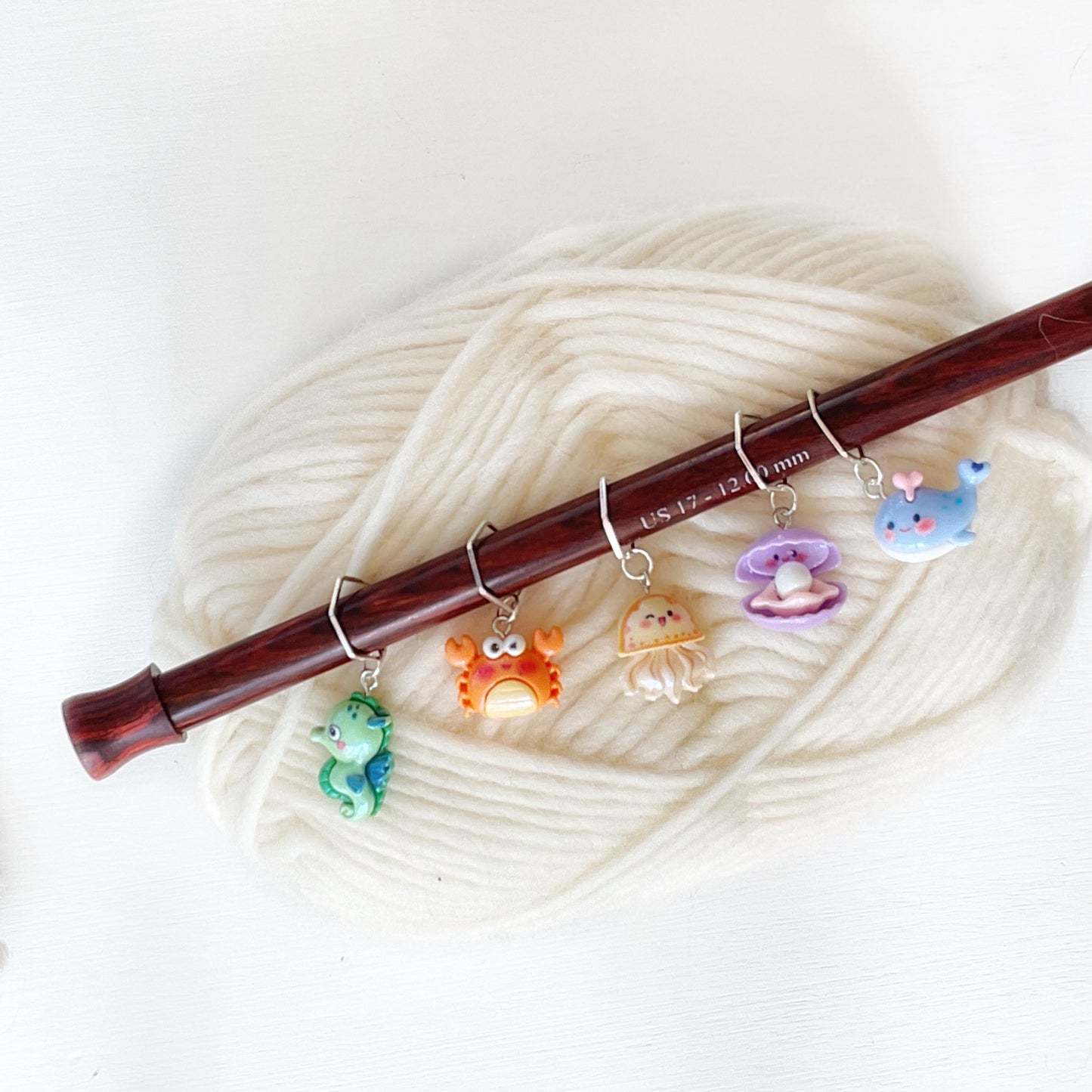 INTO THE SEA Set of 5 Stitch markers, knit or crochet progress keepers, choose your findings, includes storage jar + lid