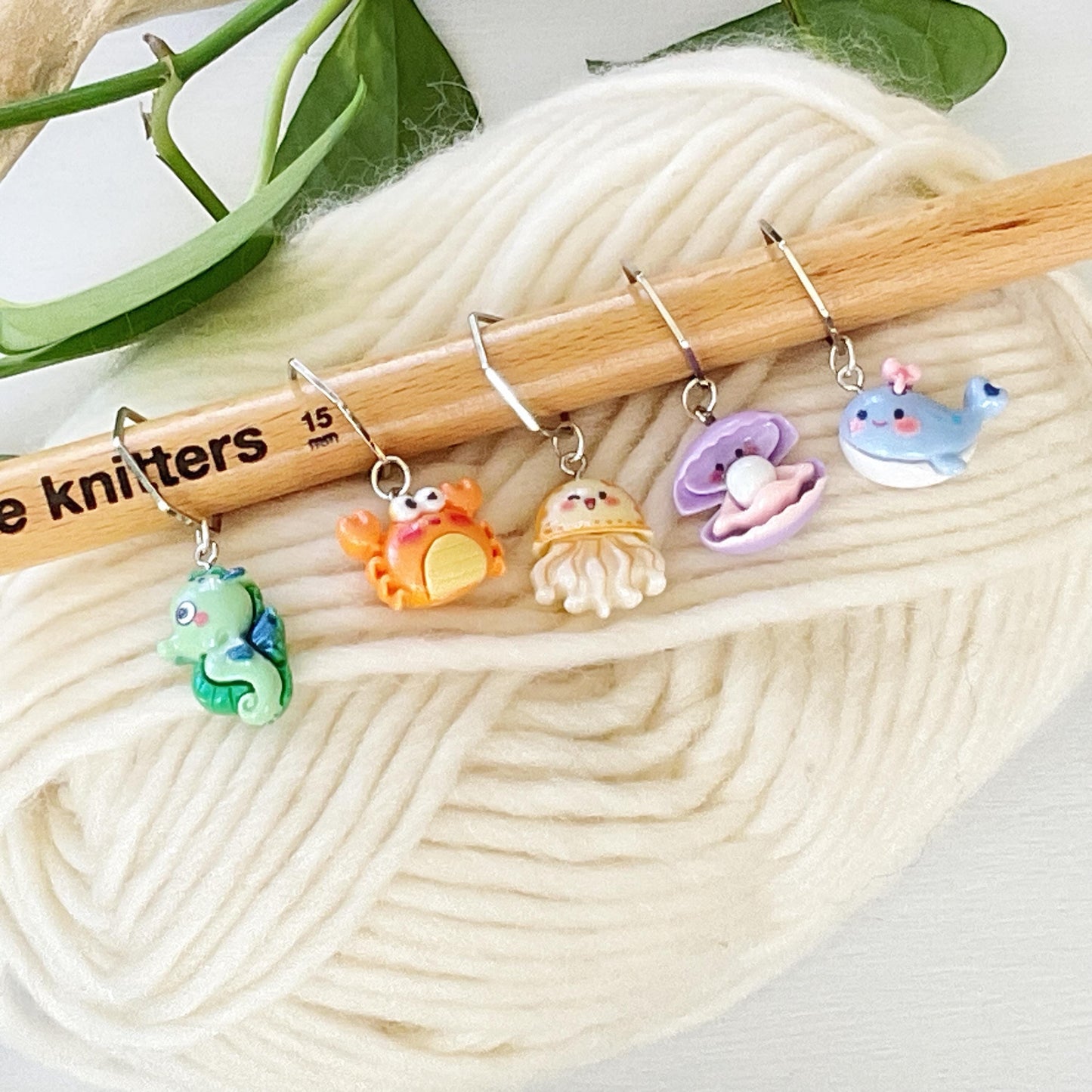INTO THE SEA Set of 5 Stitch markers, knit or crochet progress keepers, choose your findings, includes storage jar + lid