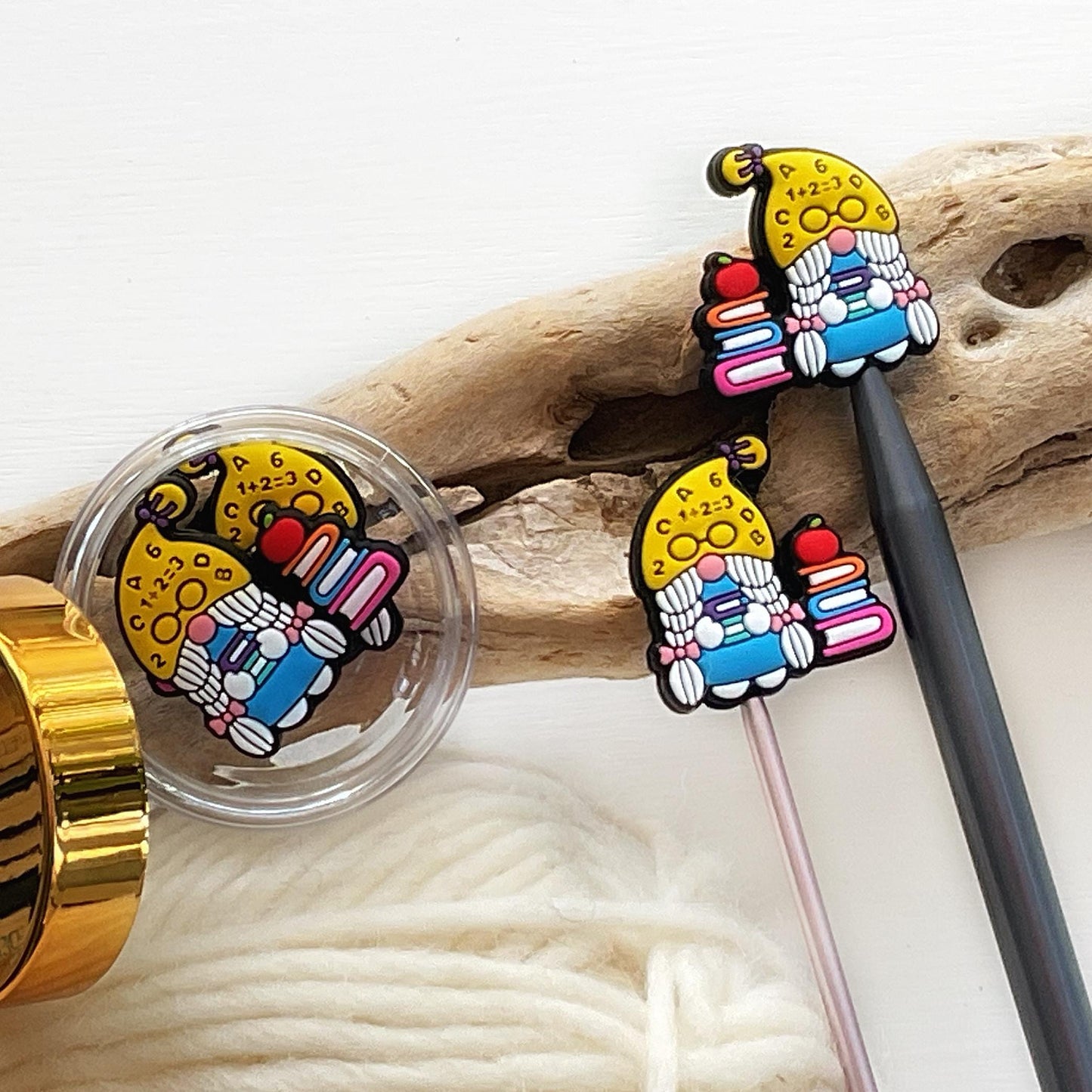 TEACHER + STUDENT GNOME set of 2 stitch stoppers Celebrate our superstar teachers + keep your stitches safe knitting needle point protectors