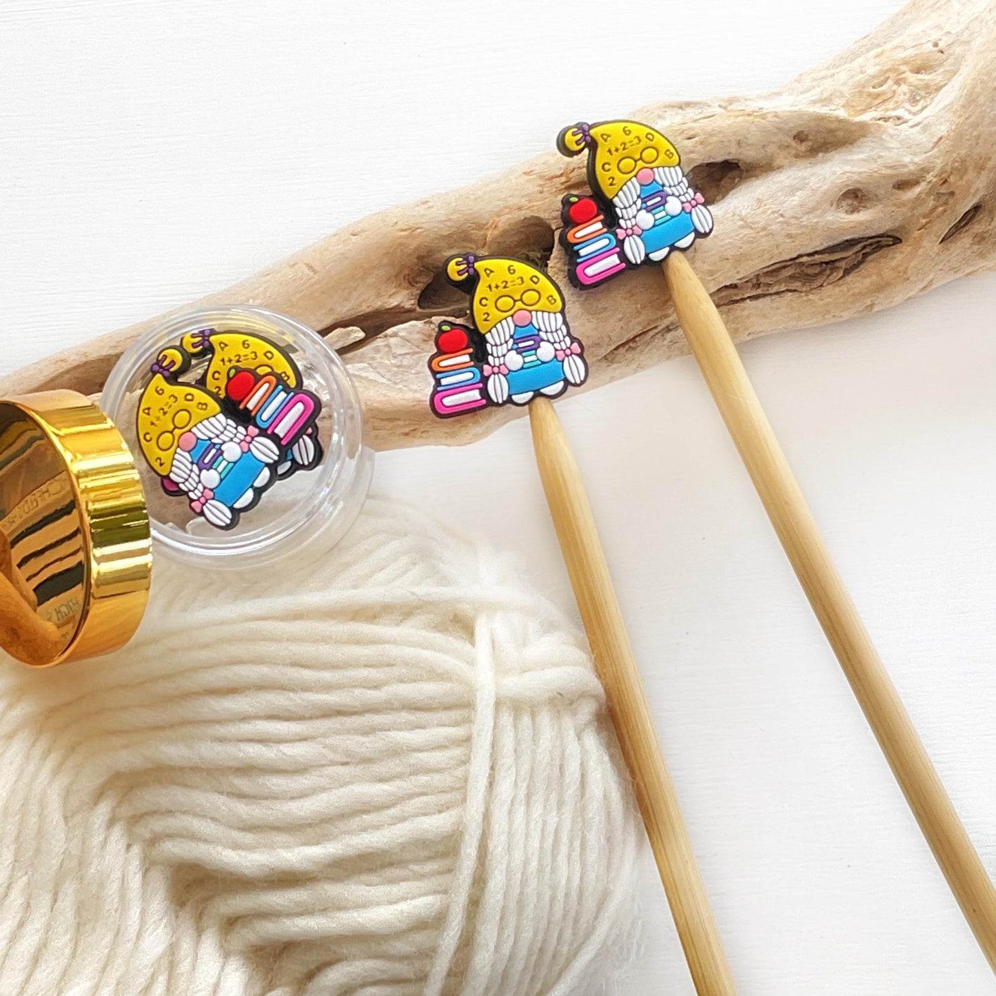 TEACHER + STUDENT GNOME set of 2 stitch stoppers Celebrate our superstar teachers + keep your stitches safe knitting needle point protectors