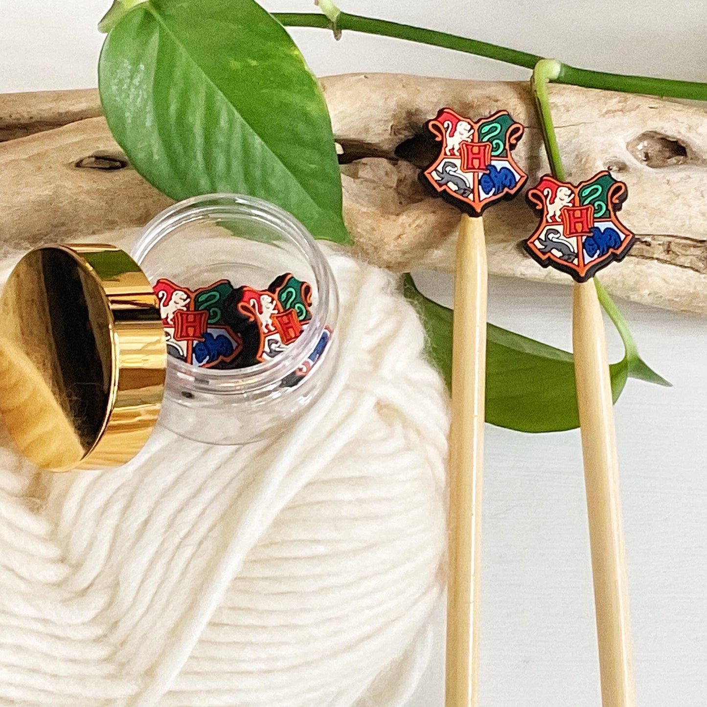 WIZARDING SCHOOL SHIELD, Set of 2 knitting needle point protectors, Crochet Hook buddies, put your knitting down & keep your stitches safe