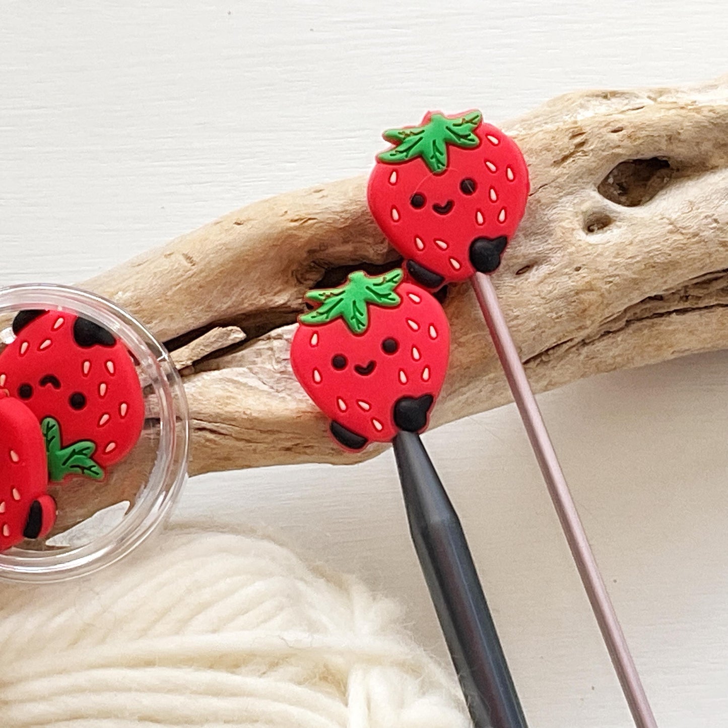 Adorable STRAWBERRIES with FEET! set of 2 stitch stoppers keep your stitches safe knitting needle point protectors