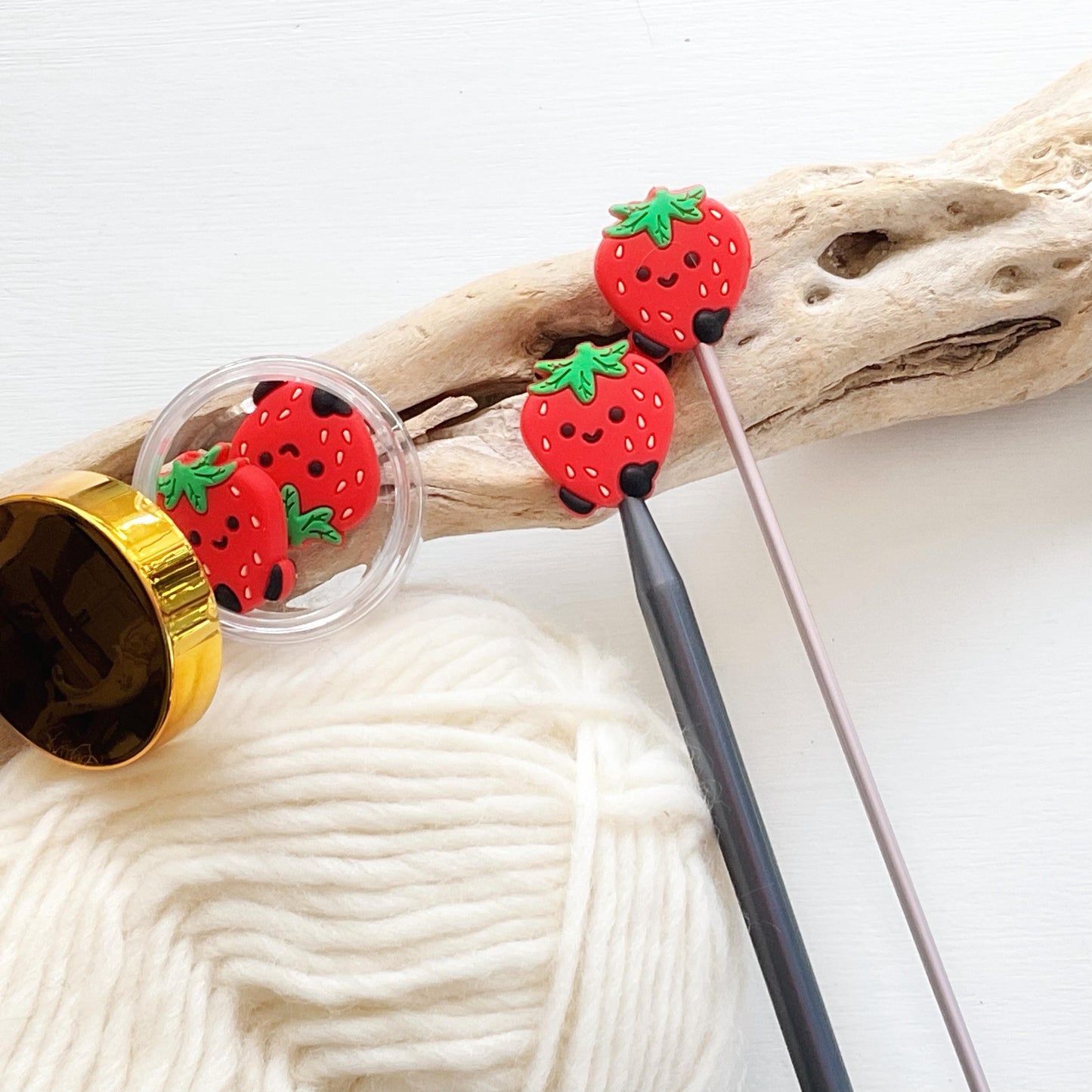 Adorable STRAWBERRIES with FEET! set of 2 stitch stoppers keep your stitches safe knitting needle point protectors