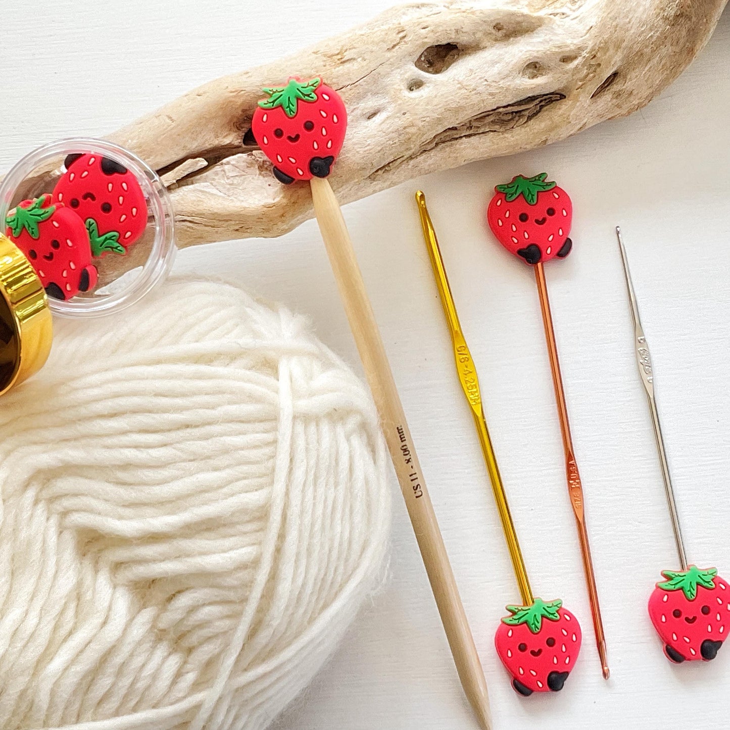 Adorable STRAWBERRIES with FEET! set of 2 stitch stoppers keep your stitches safe knitting needle point protectors